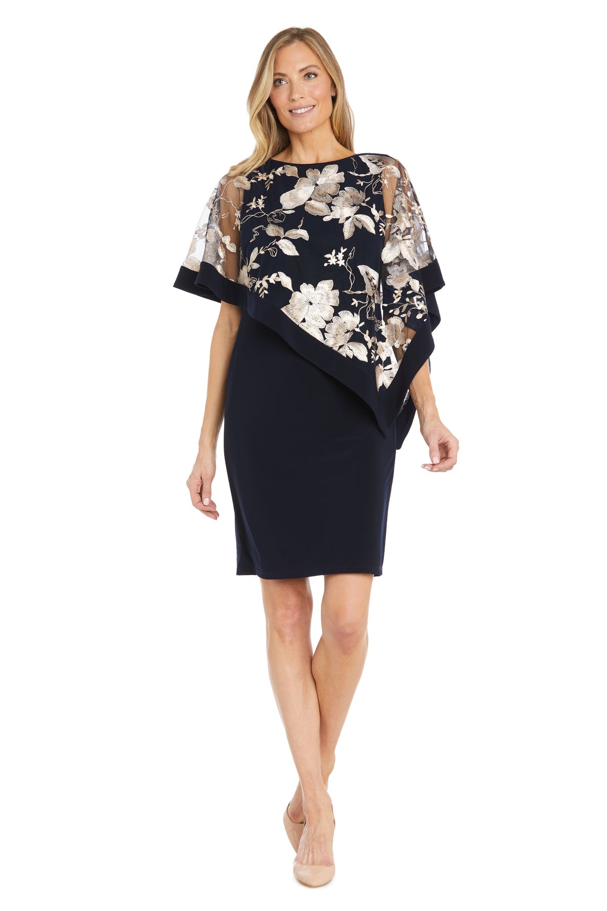Boat Neck Knee-Length Floral Cocktail Dress by R&M Richards 3107P in Navy/Champagne