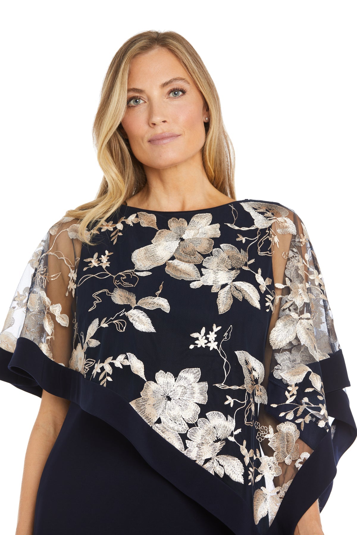 Boat Neck Knee-Length Floral Cocktail Dress by R&M Richards 3107P in Navy/Champagne
