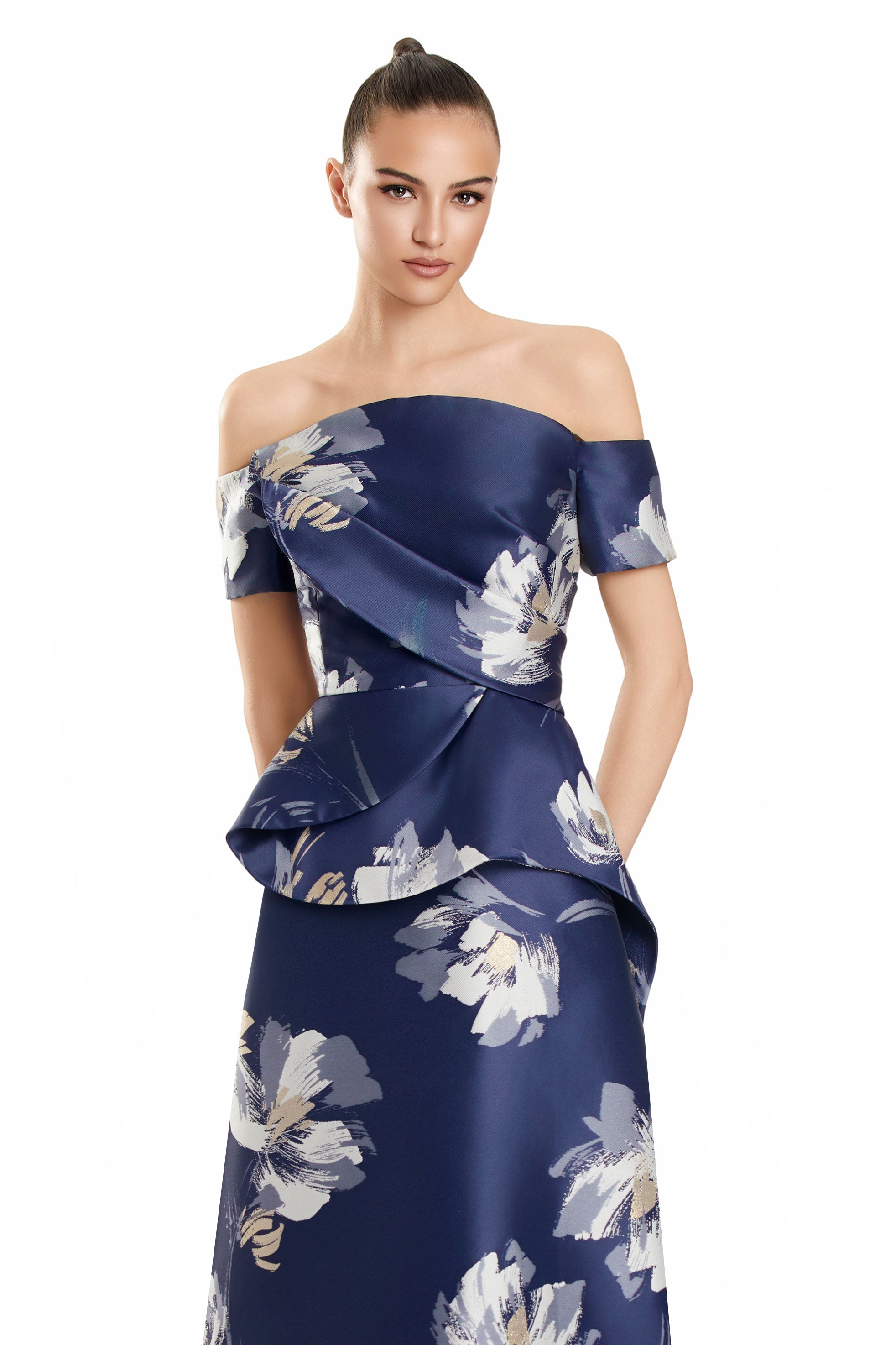 Formal Dresses Formal Long Floral Peplum Dress Navy/Multi