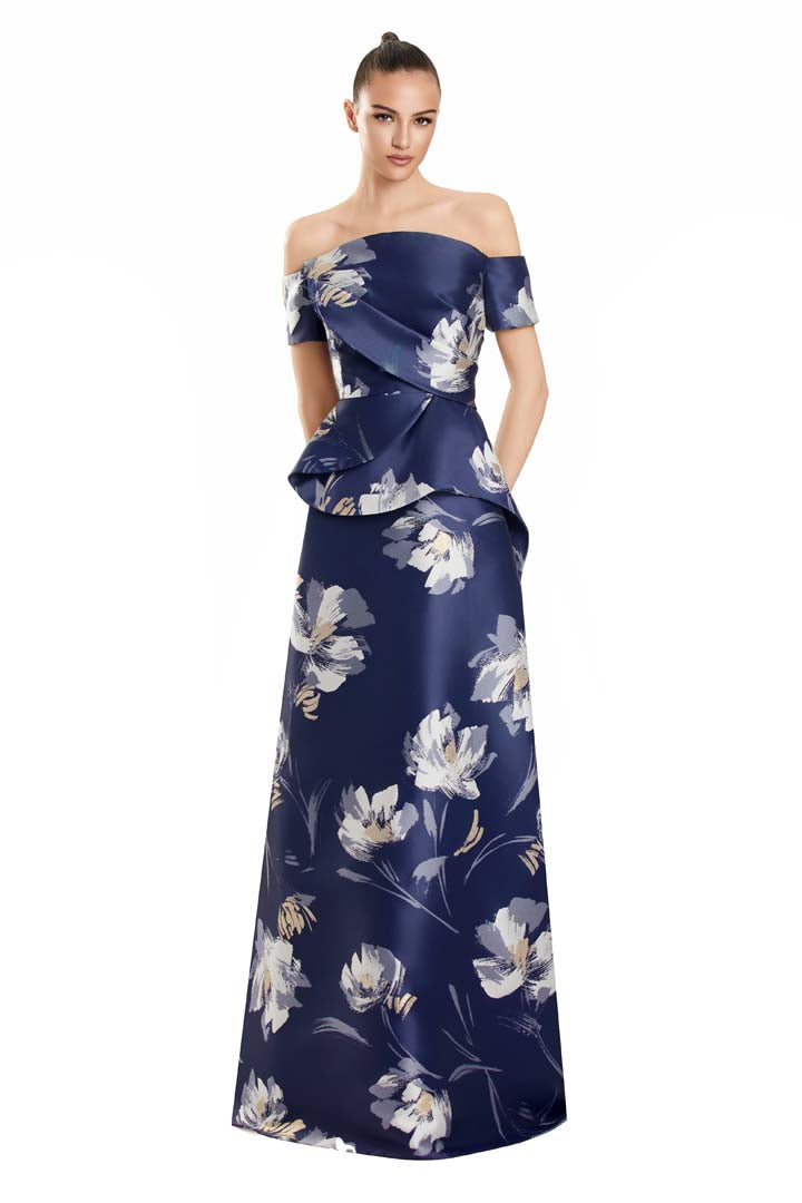 Formal Dresses Formal Long Floral Peplum Dress Navy/Multi