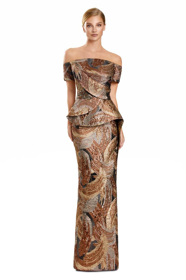 Formal Dresses Fitted Long Peplum Layered Formal Evening Dress Bronze/Gold Multi