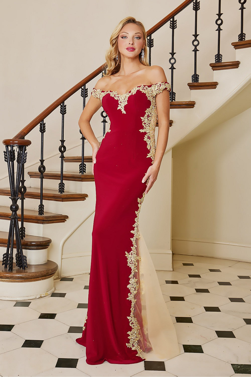 Prom Dresses Mermaid Long Formal Applique Prom Dress Burgundy/Gold