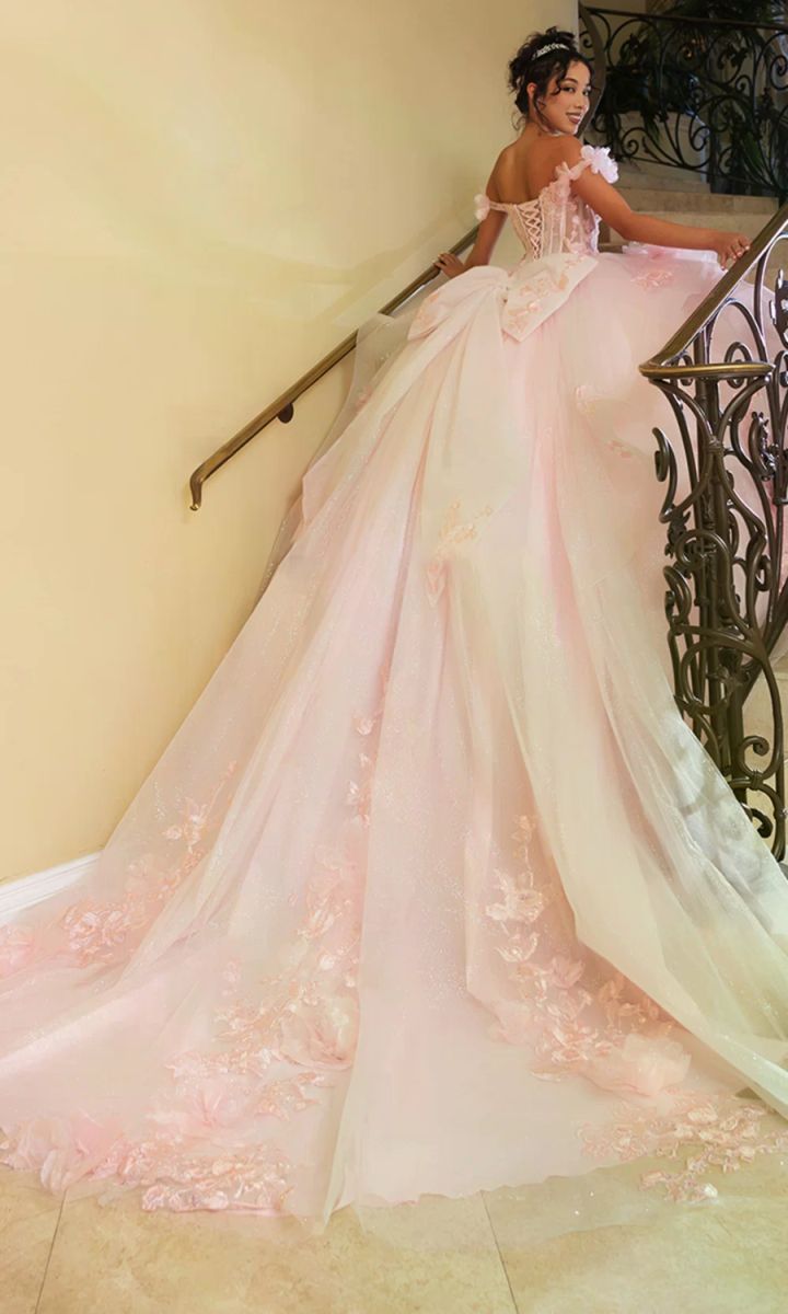 Off-the-Shoulder Floor-Length with Train Tulle Quinceañera Ball Gown May Queen LK270
