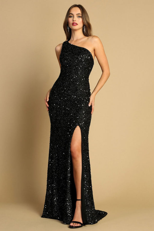 Adora 3121 Prom Fitted Long Formal Slit Sequin Dress