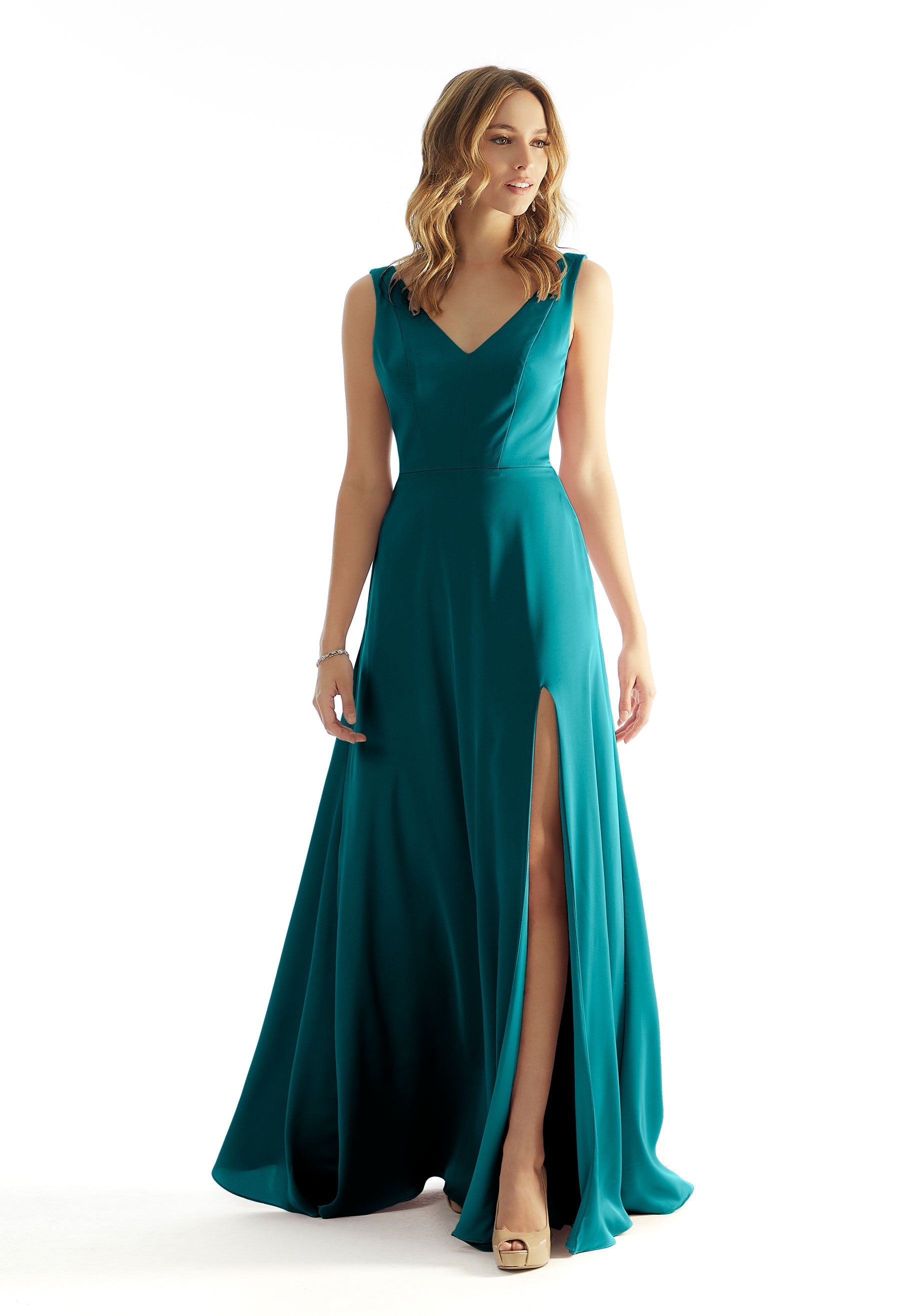 Formal Dresses Long Formal A Line Slit Dress MGNY Madeline Gardner New York 31225 Teal