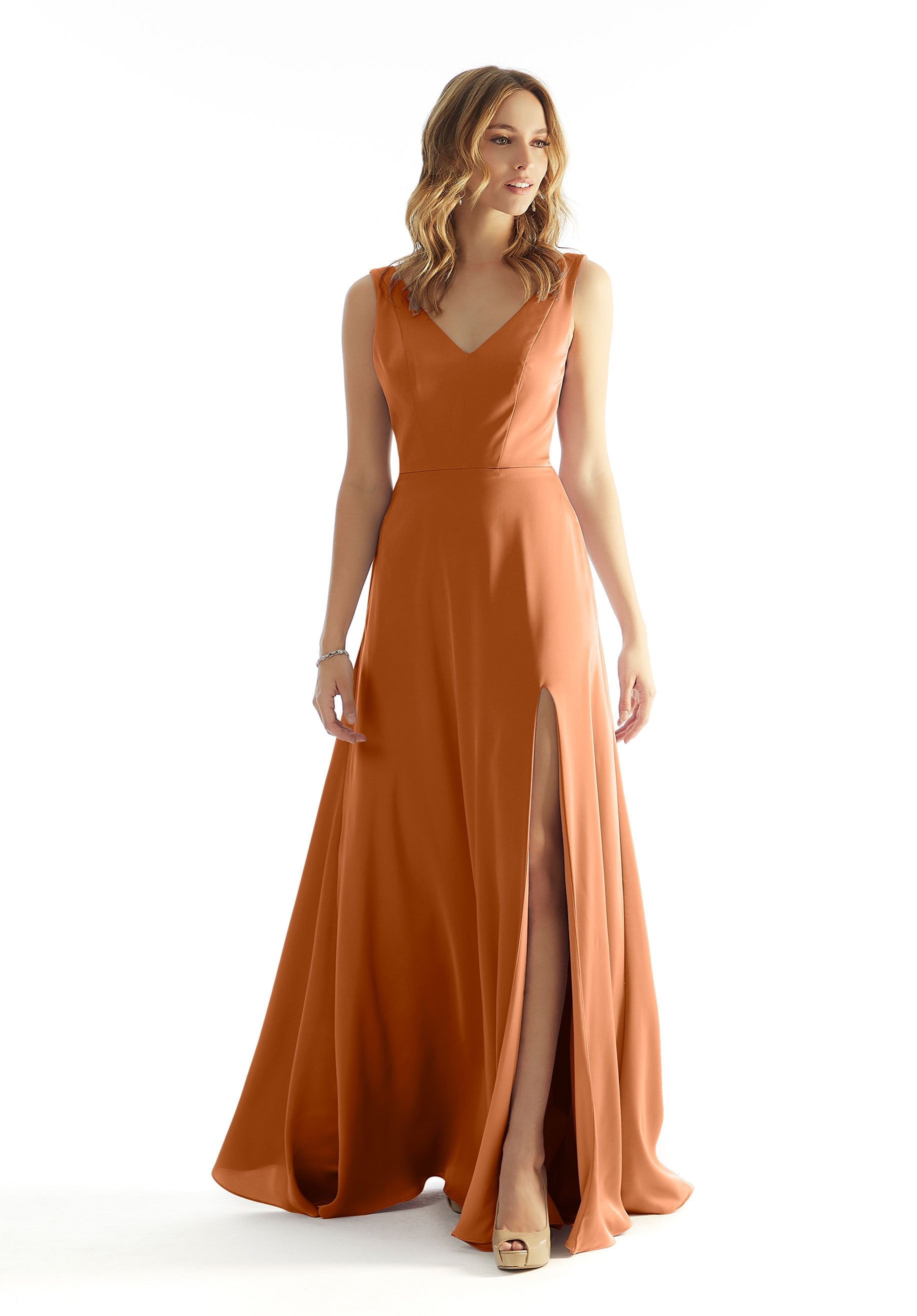 Formal Dresses Long Formal A Line Slit Dress MGNY Madeline Gardner New York 31225 Bronze