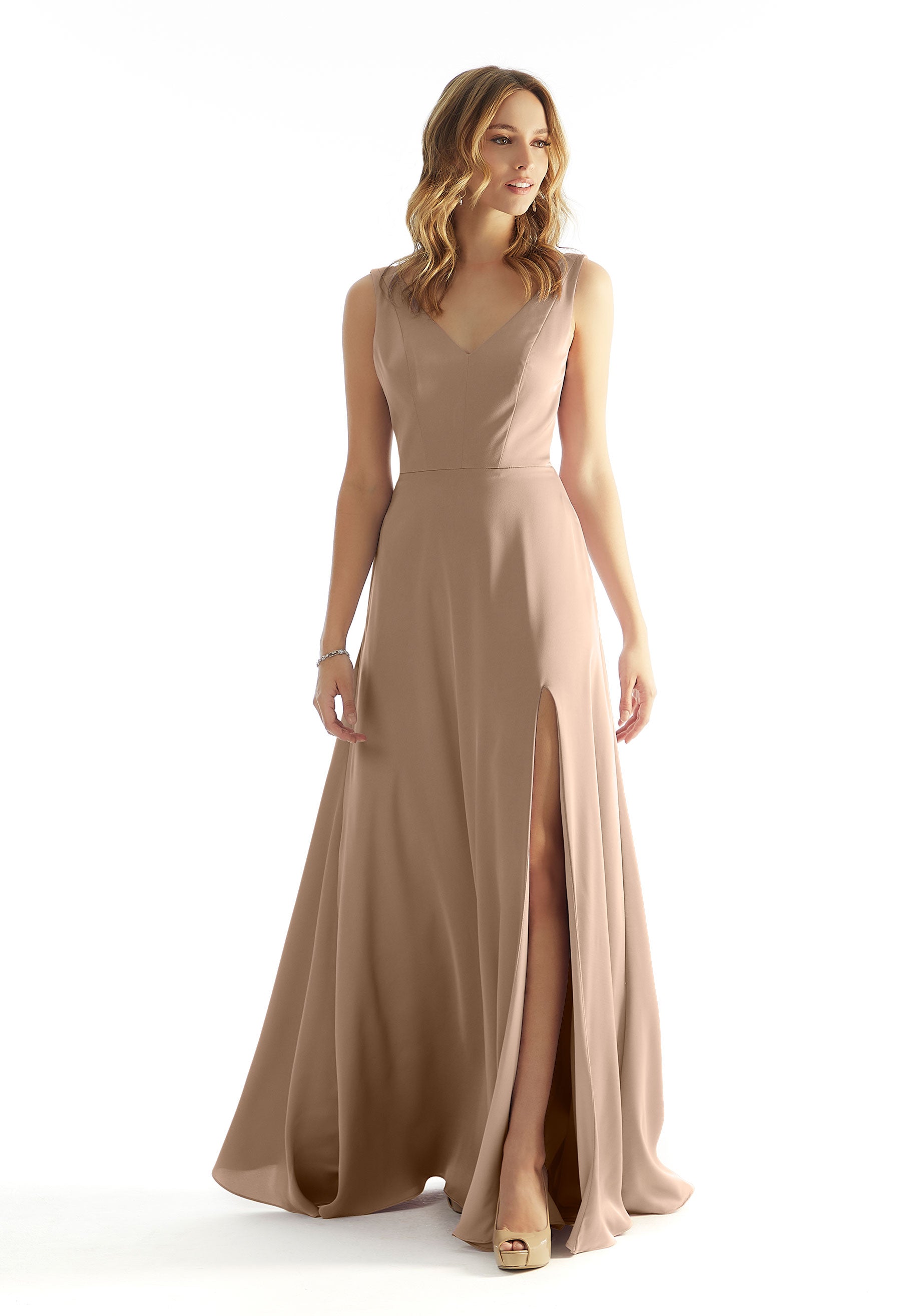 Formal Dresses Pleated Long Formal A Line Evening Dress MGNY Madeline Gardner New York 31225 Latte