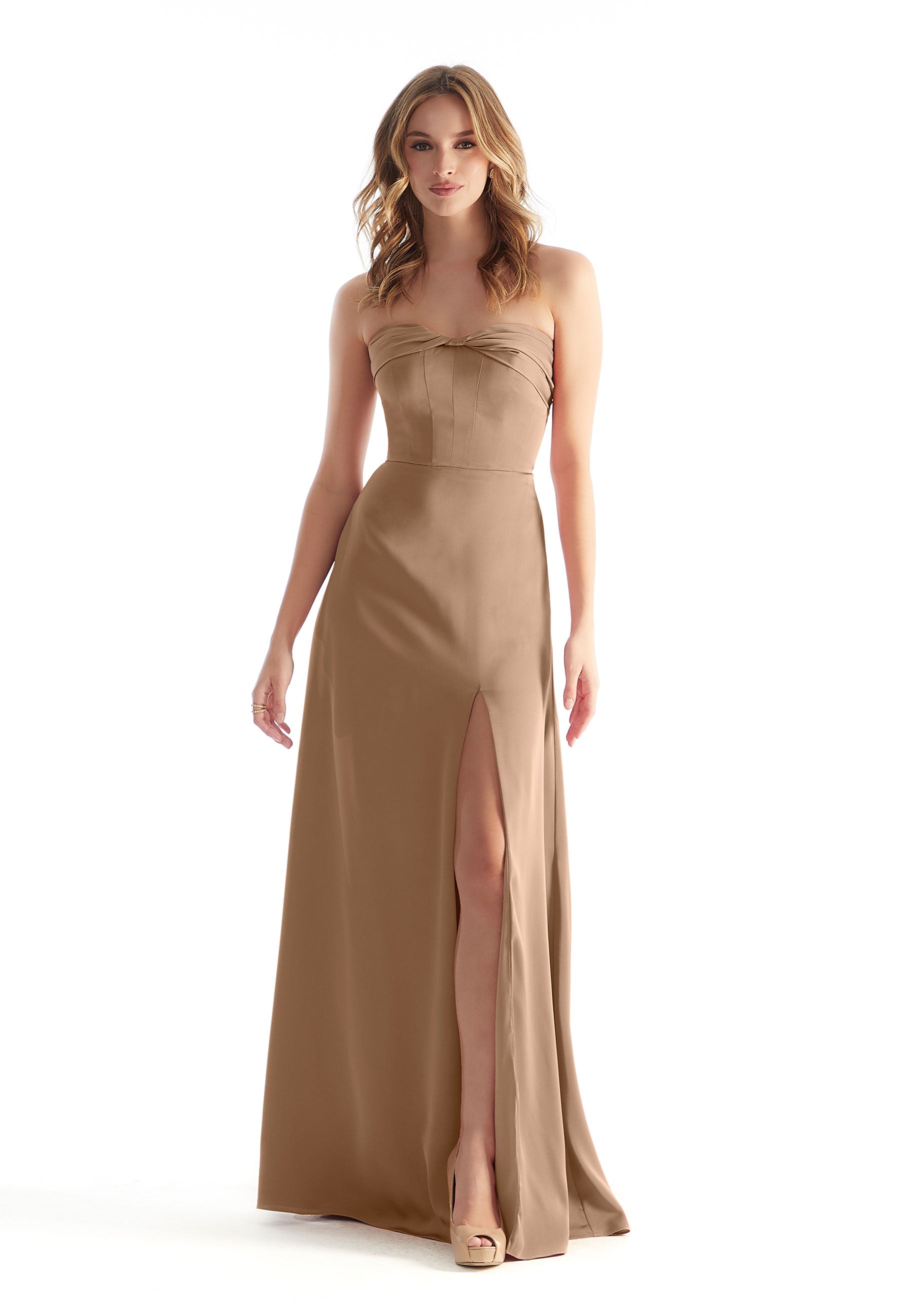 Formal Dresses Slit Formal A Line Long Dress MGNY Madeline Gardner New York 31229 Latte