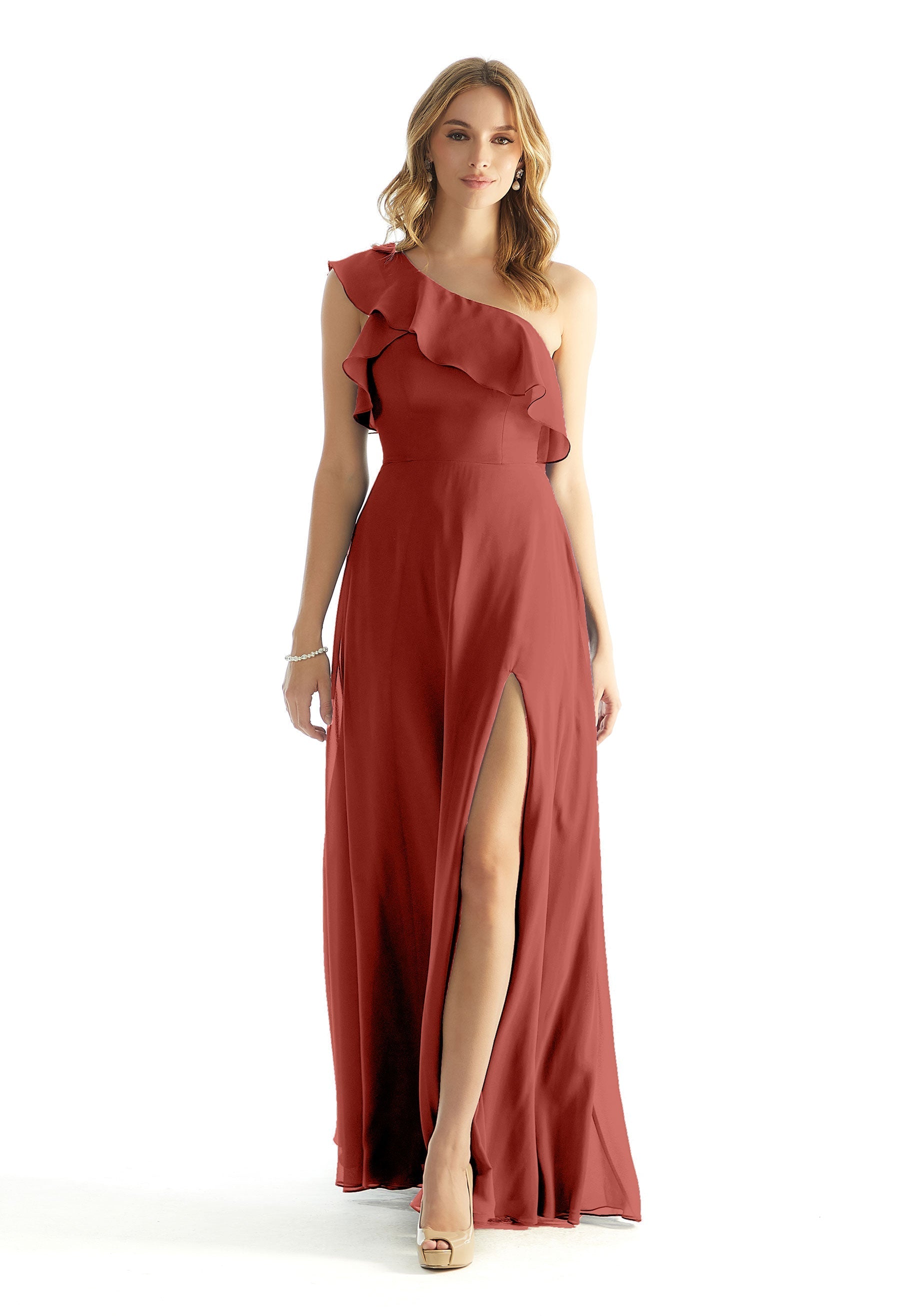 Formal Dresses Ruffle Long A Line Formal Dress MGNY Madeline Gardner New York 31235 Terra Cotta