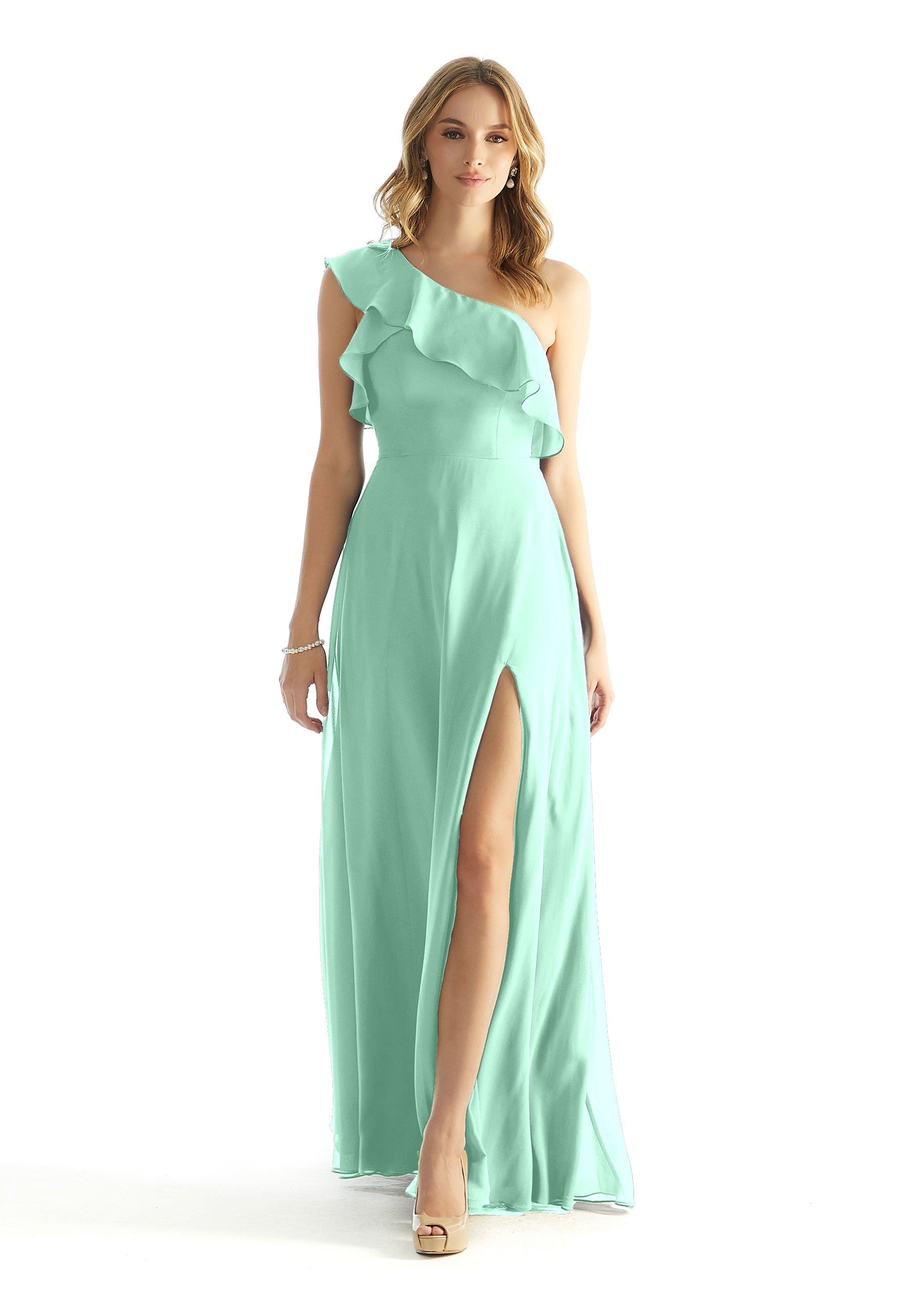 Formal Dresses Formal Ruffle Long A Line Dress MGNY Madeline Gardner New York 31235 Mint