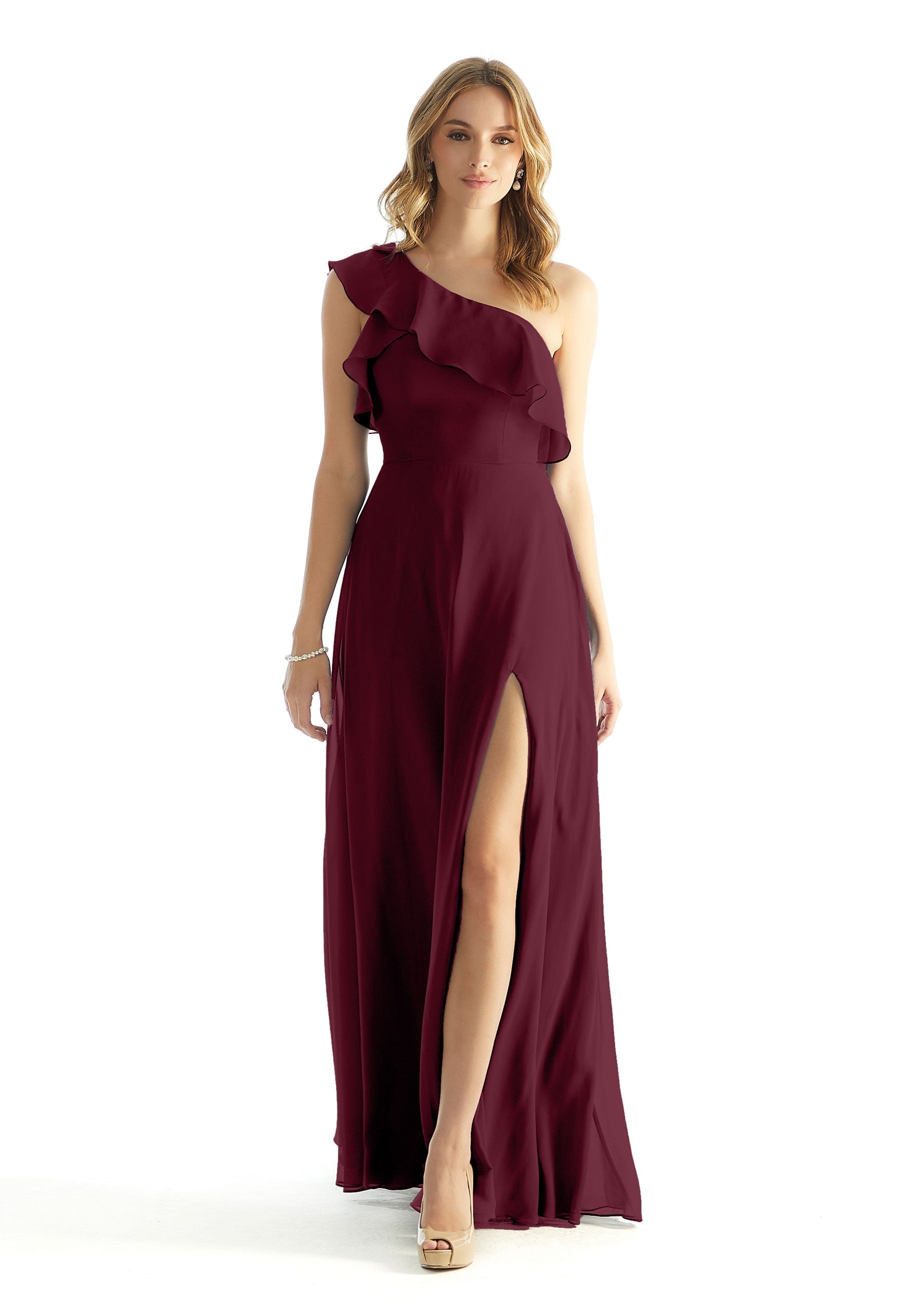 Formal Dresses A Line Long Ruffle Formal Dress MGNY Madeline Gardner New York 31235 Bordeaux