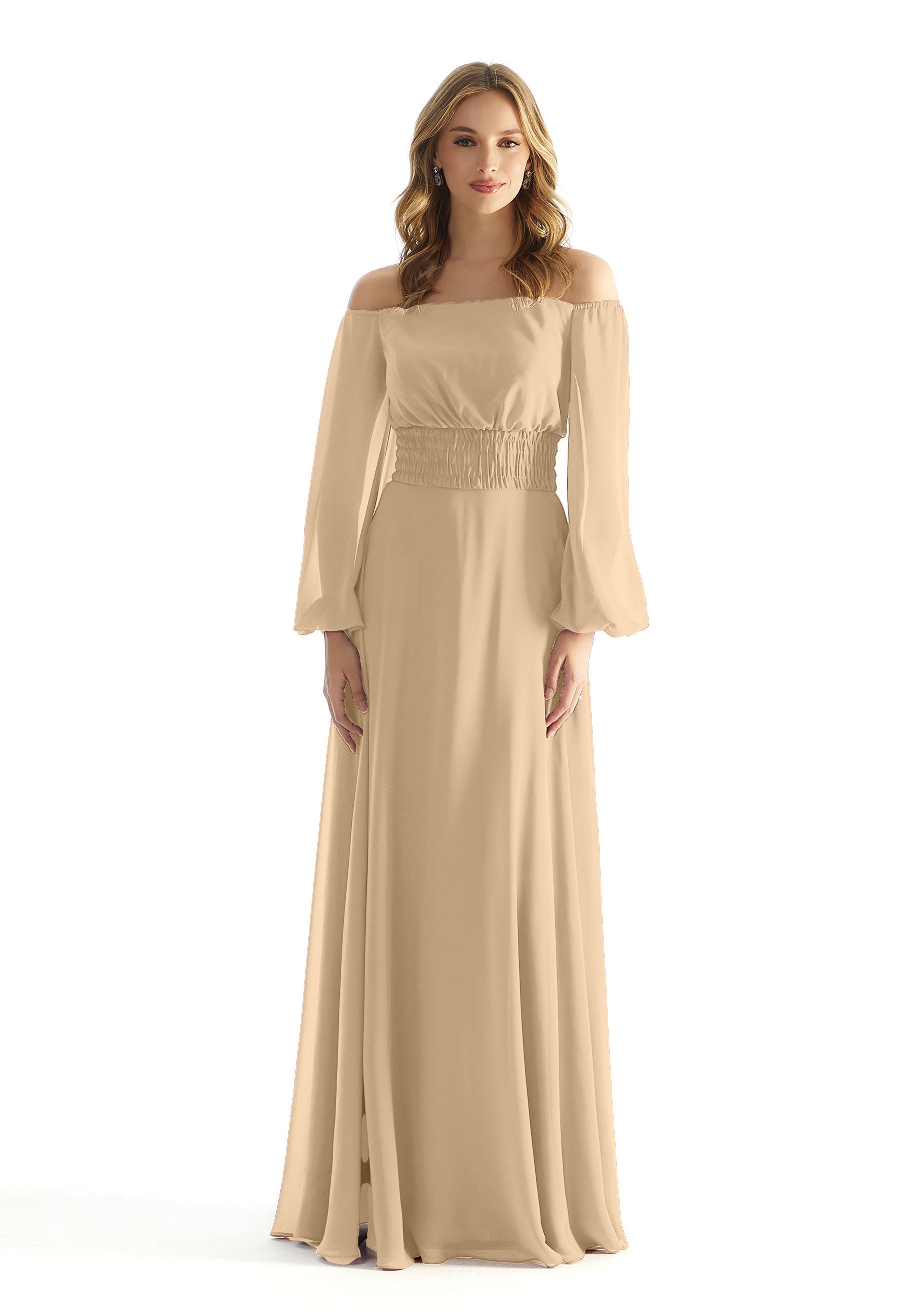 Formal Dresses Long Sleeve Formal A Line Evening Dress MGNY Madeline Gardner New York 31238 Champagne