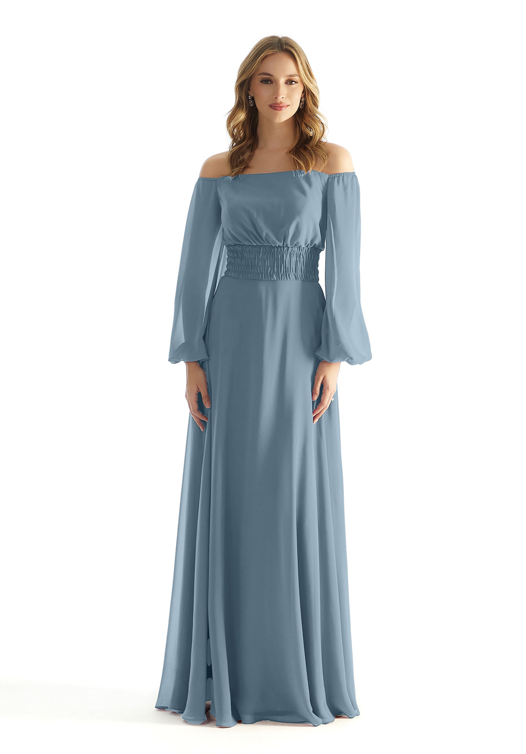 Formal Dresses A Line Formal Long Sleeve Evening Dress MGNY Madeline Gardner New York 31238 Slate
