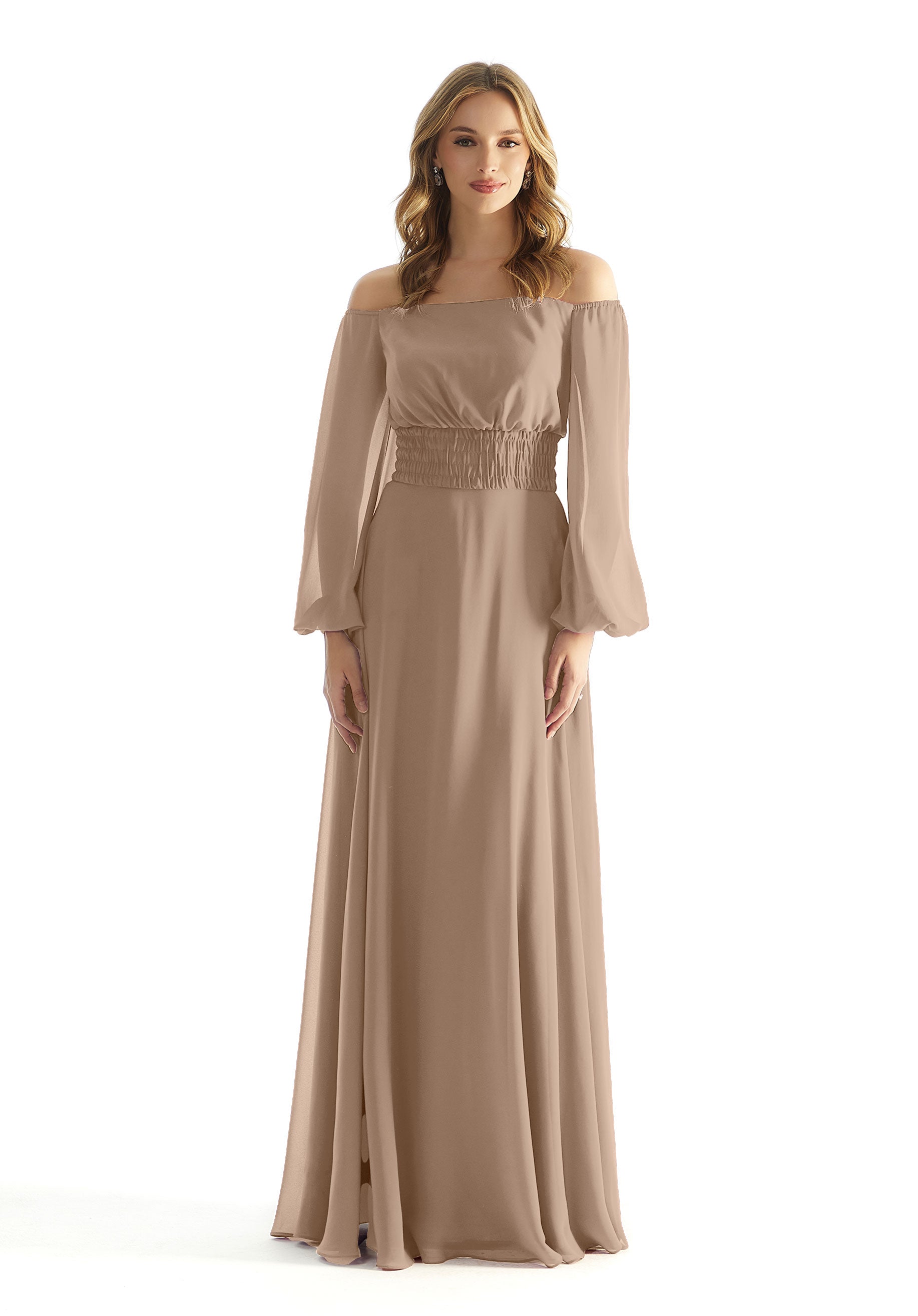 Formal Dresses Long Sleeve Formal A Line Evening Dress MGNY Madeline Gardner New York 31238 Latte