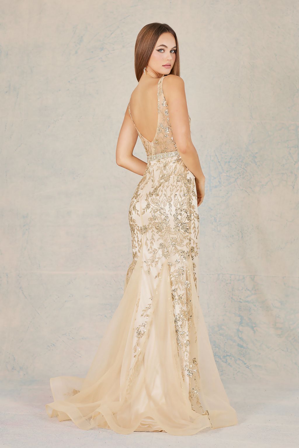 Adora Design 3127 Glitter Print Tulle Mermaid Formal Prom Dress | Formal Dress Shops Black/Gold / M
