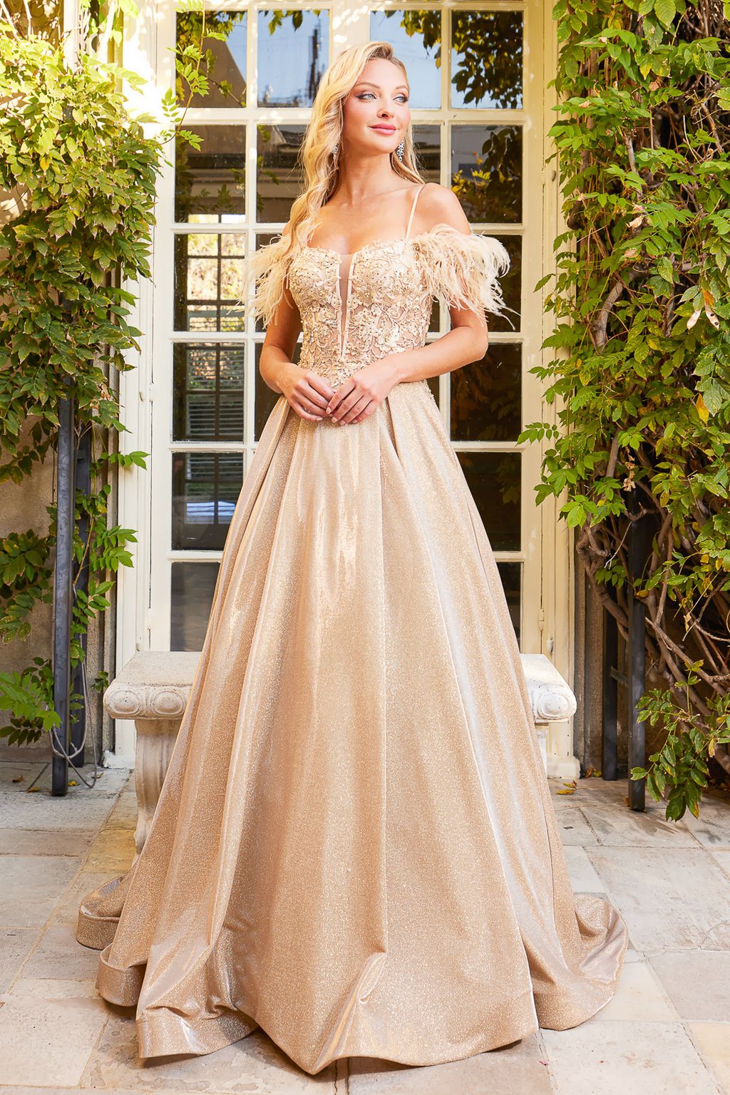 Adora 3128 Long Metallic Glitter Formal Feather Prom Dress
