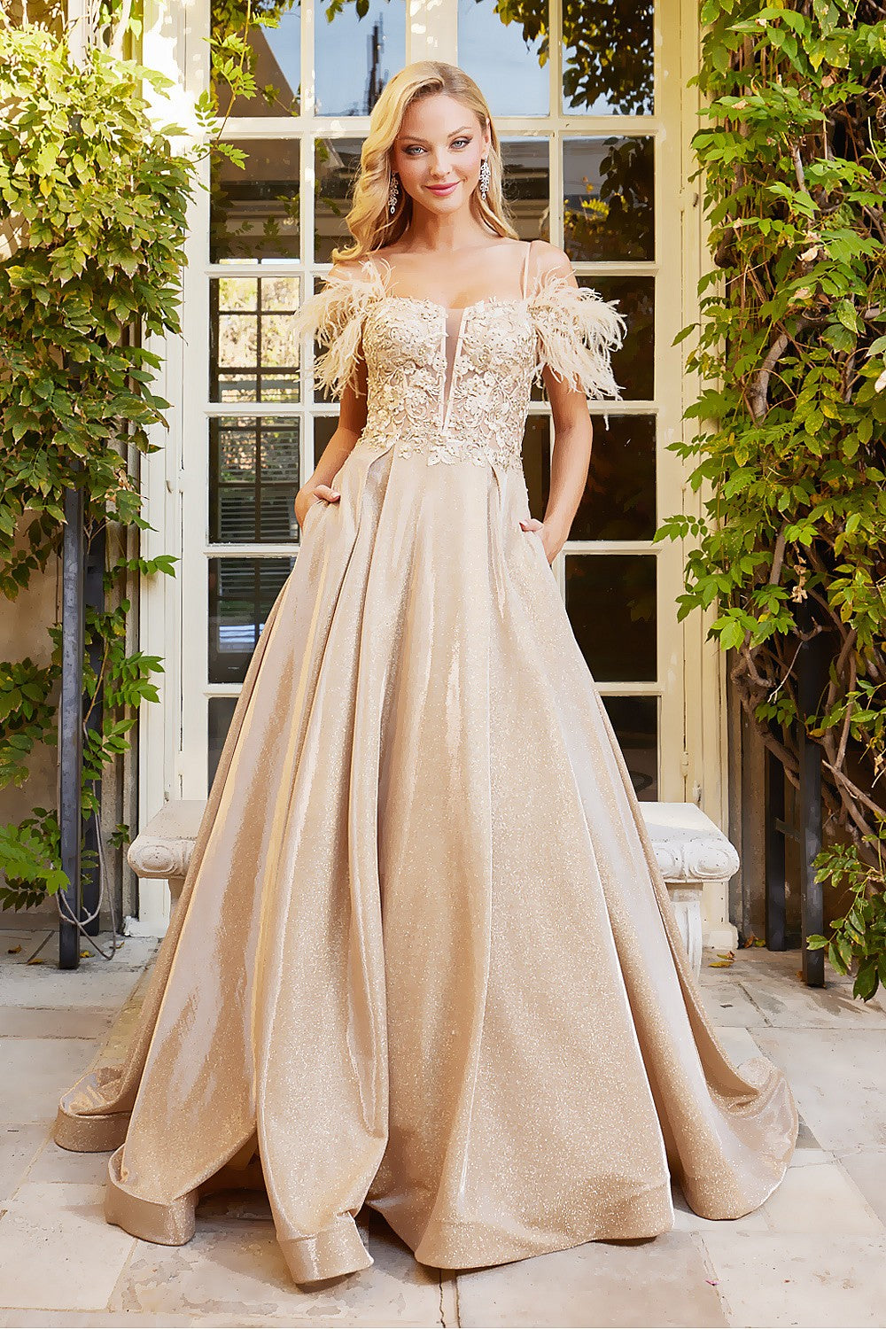 Prom Dresses Long Metallic Glitter Formal Feather Prom Dress Champagne
