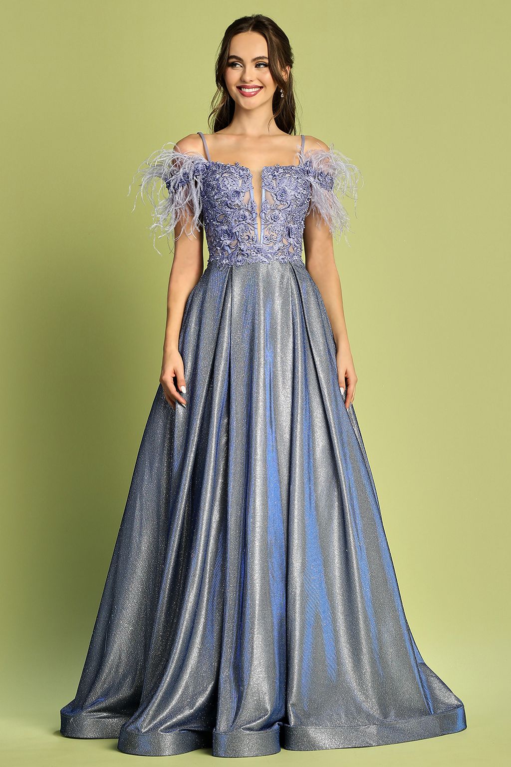 Adora 3128 Long Metallic Glitter Formal Feather Prom Dress