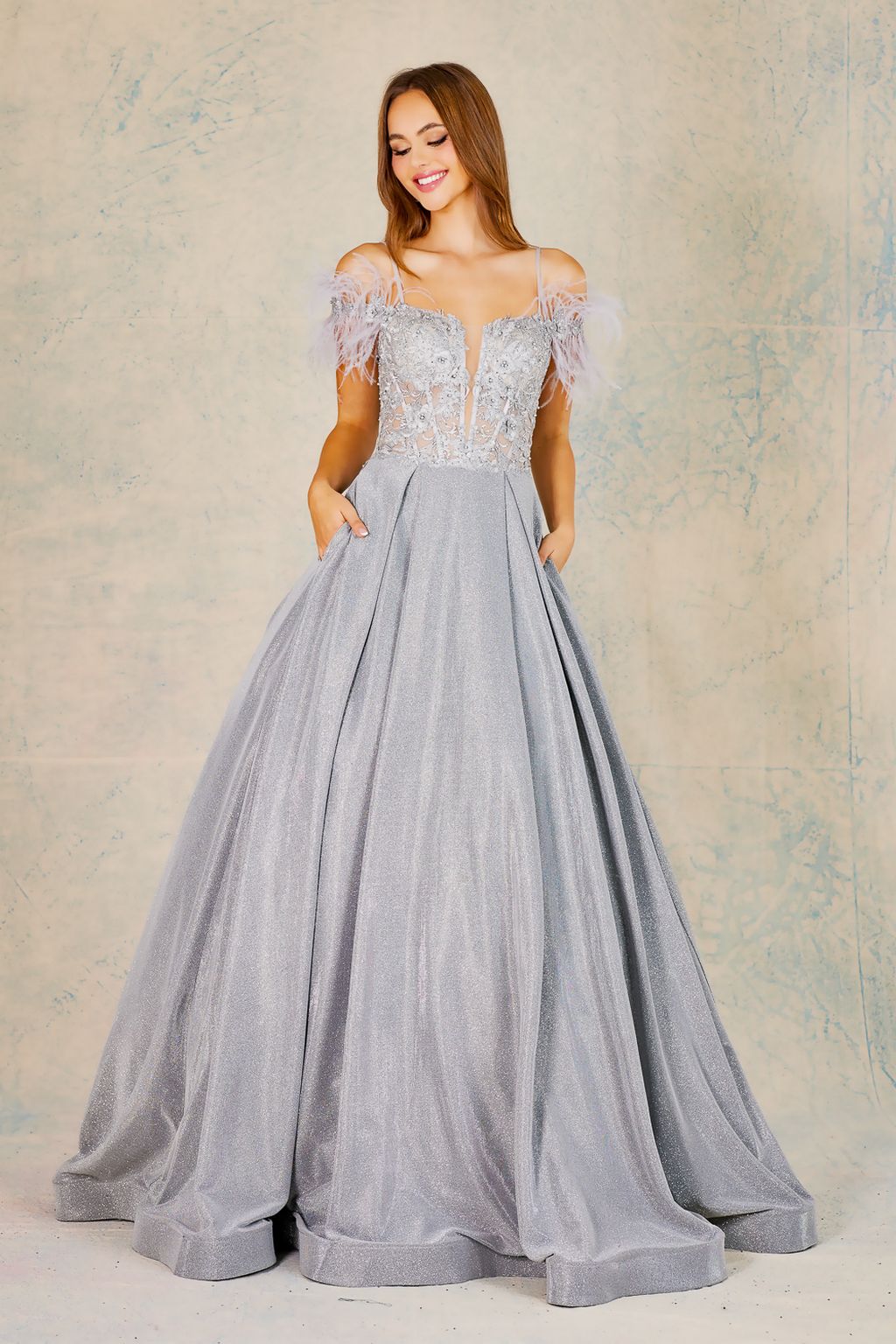 Adora 3128 Long Metallic Glitter Formal Feather Prom Dress