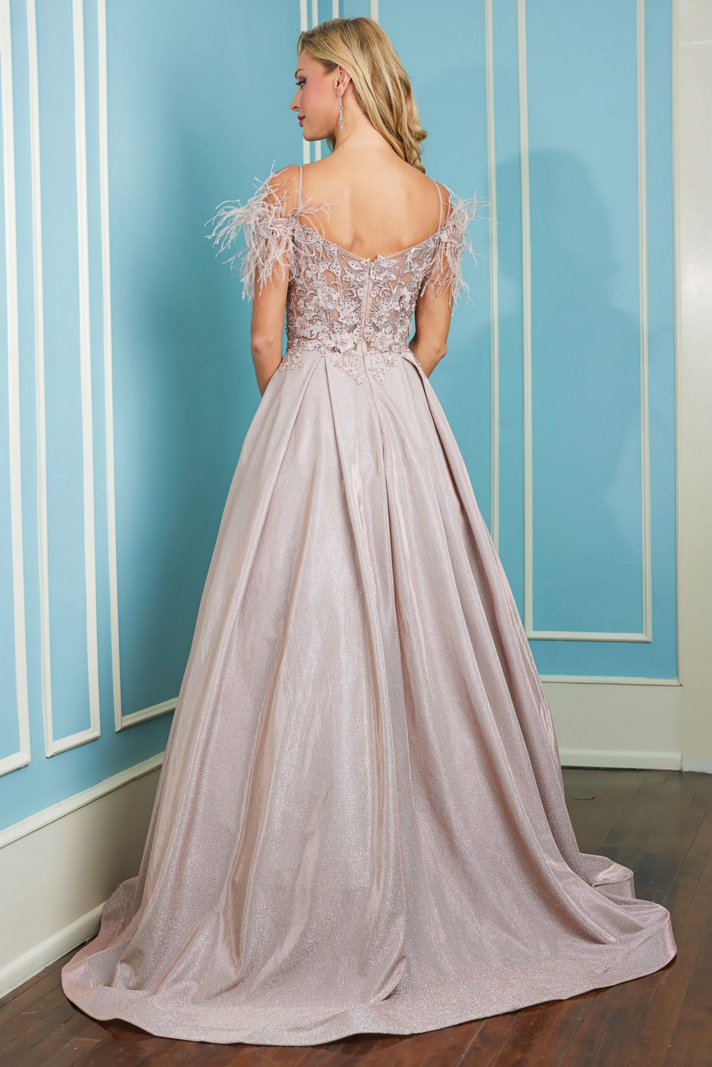 Adora 3128 Long Metallic Glitter Formal Feather Prom Dress
