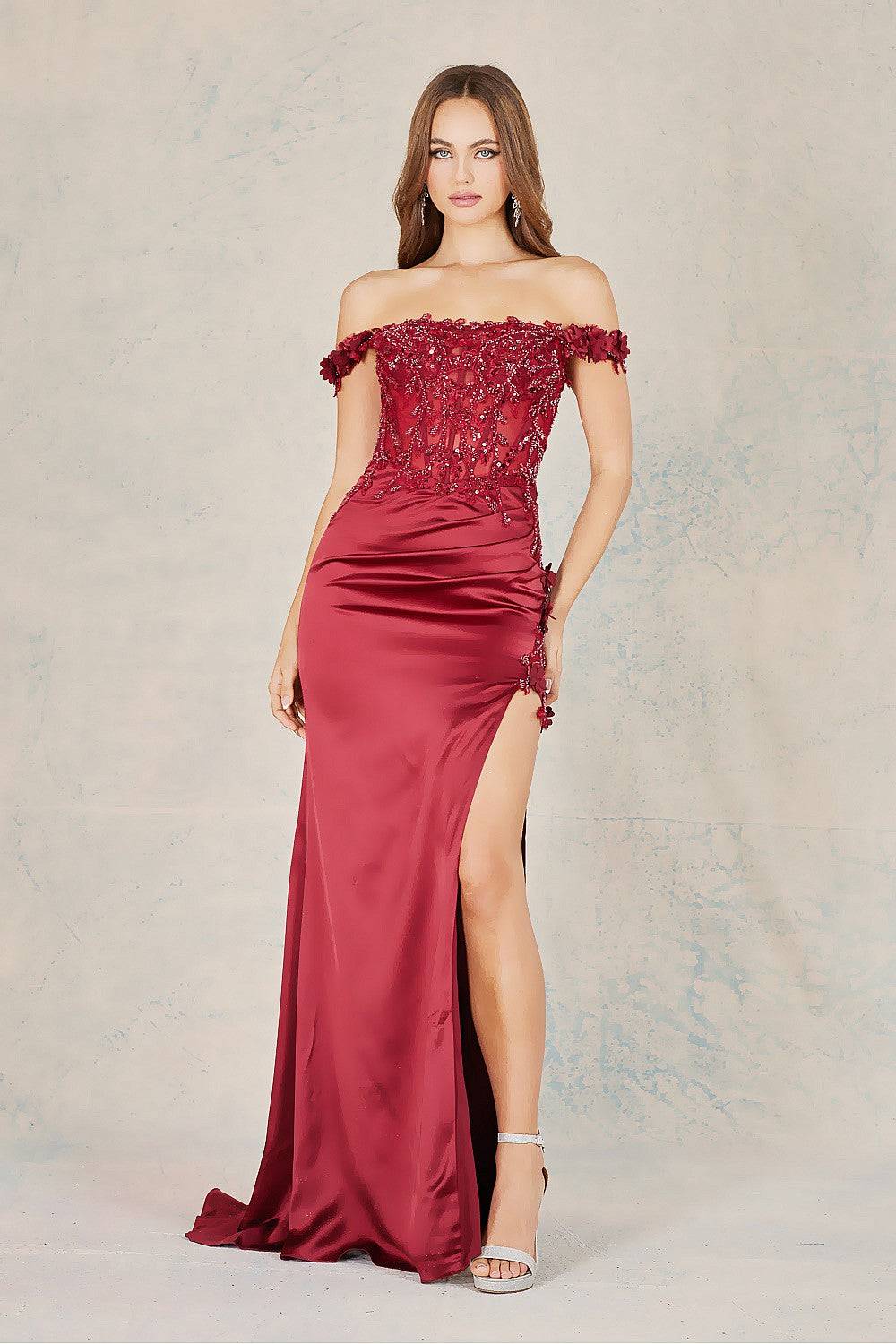 Adora 3132 Long Formal 3D Floral Applique Prom Dress