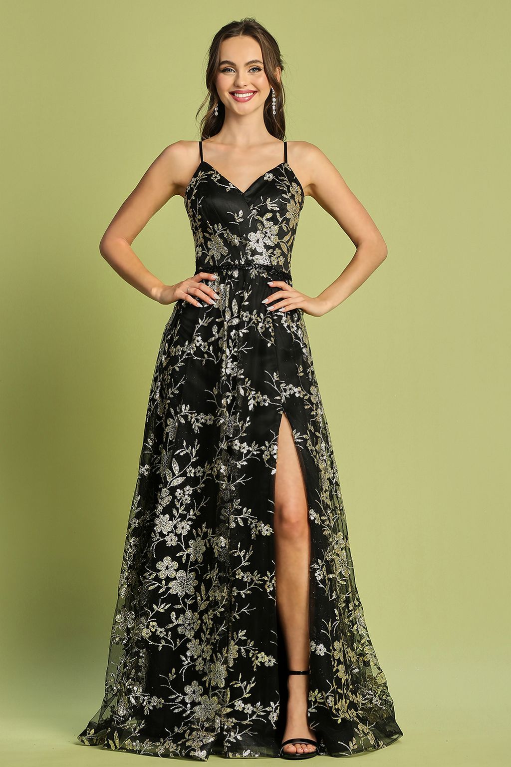 Adora 3137 Long Formal A Line Glitter Floral Print Prom Dress