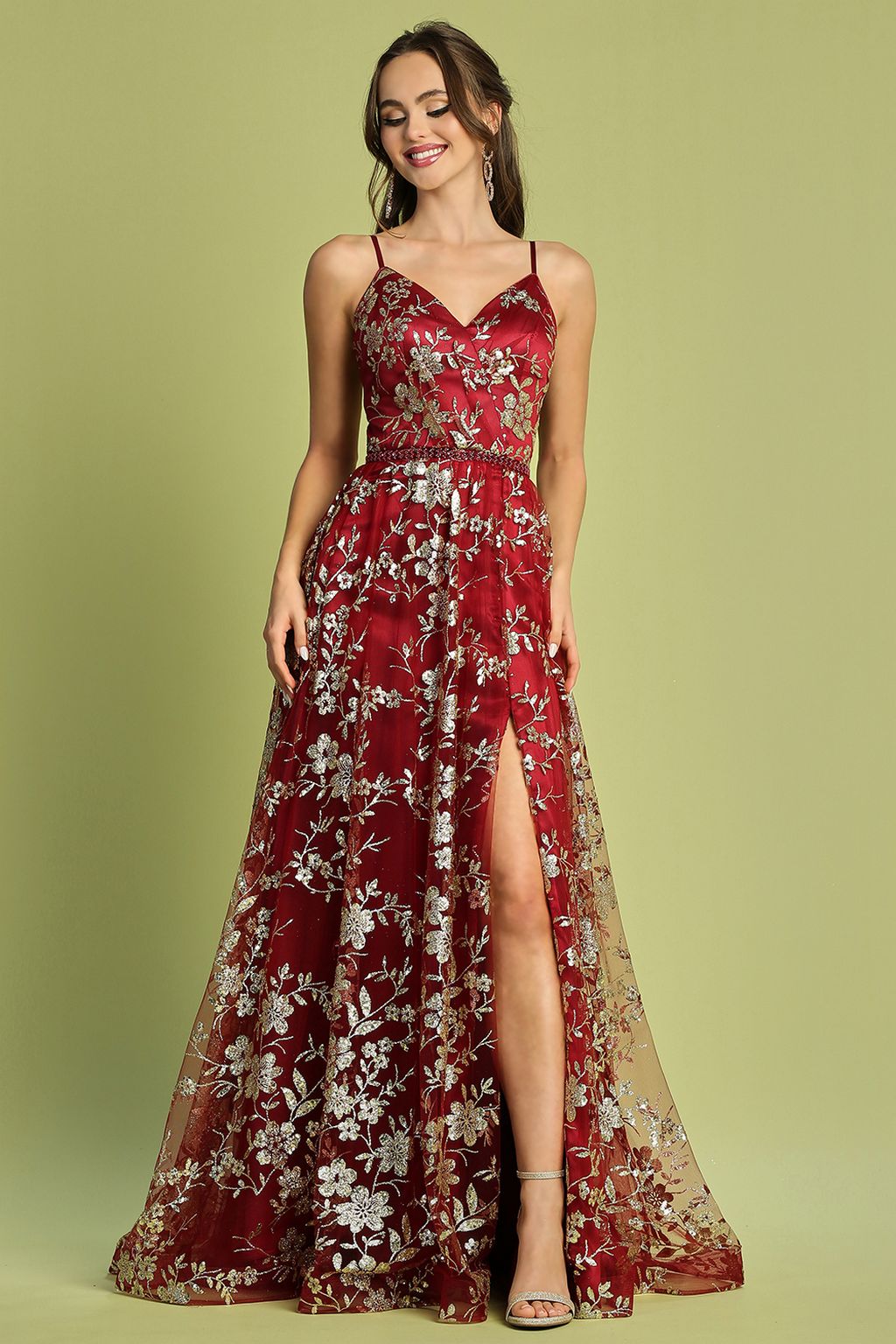 slim fit dress slacks Long Mermaid V-Neck Satin Beads Burgundy Prom Dress with Sleeves main image 0