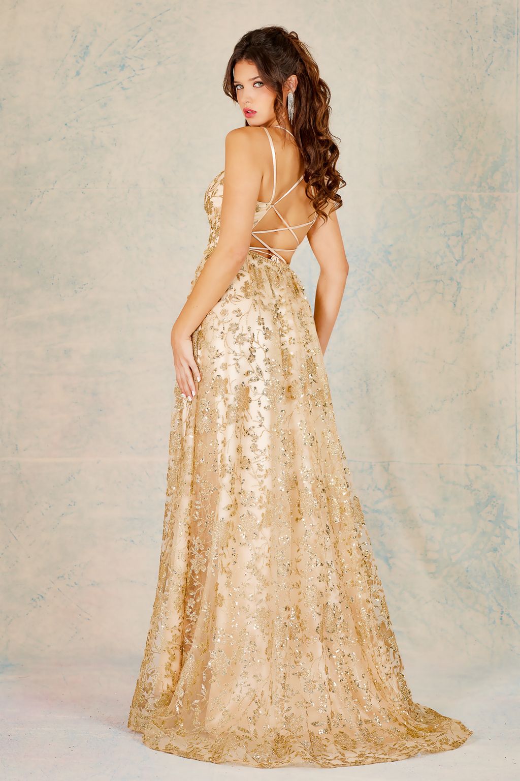 Adora 3137 Long Formal A Line Glitter Floral Print Prom Dress