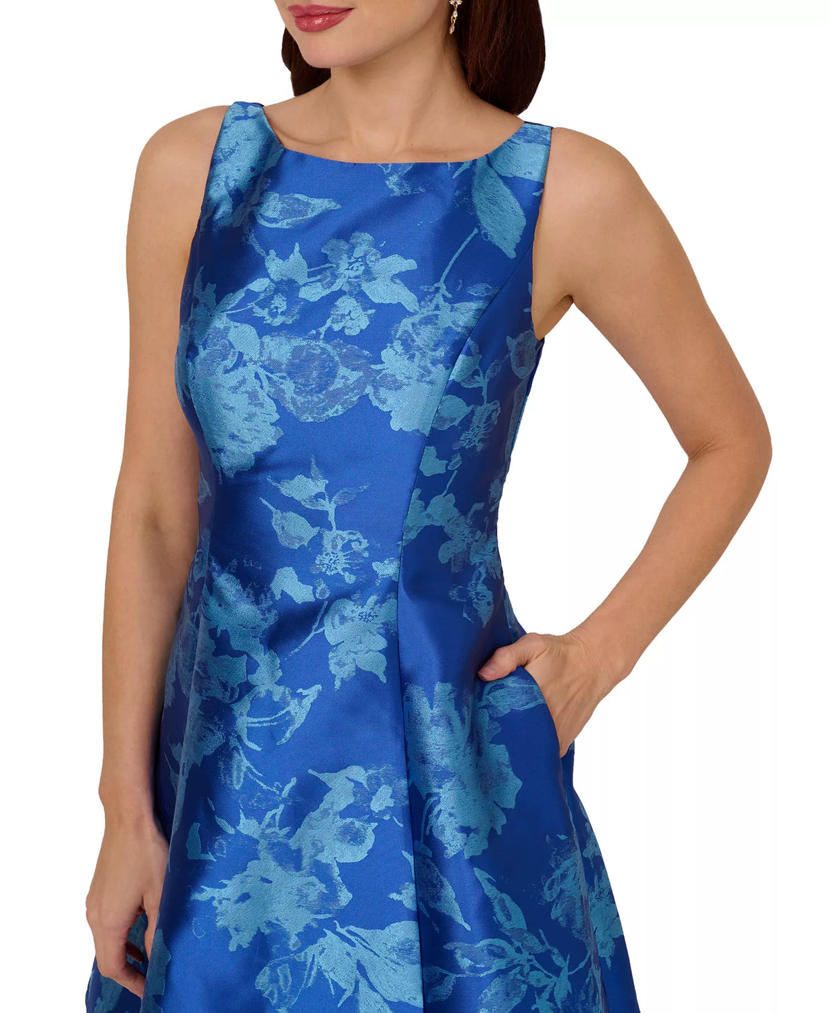 Blue Multi Adrianna Papell AP1E211980W Bateau Short Jacquard Cocktail Dress