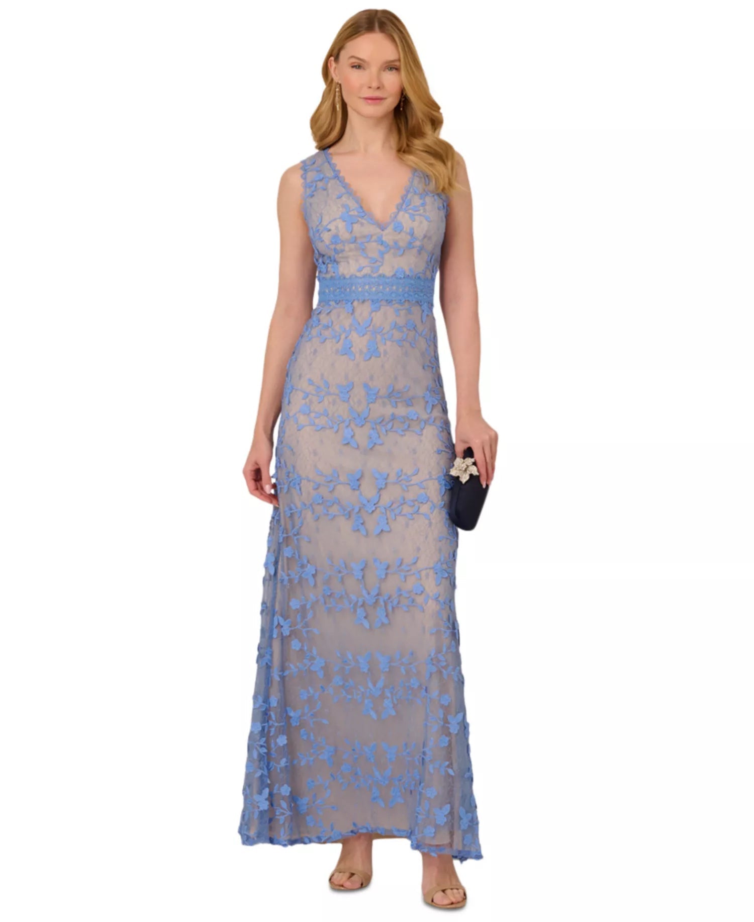 Adrianna Papell Blue Embroidered Lace V-Neck Gown US 2 Womens Adrianna Papell Blue Embroidered Lace V-Neck Gown US 2 Womens