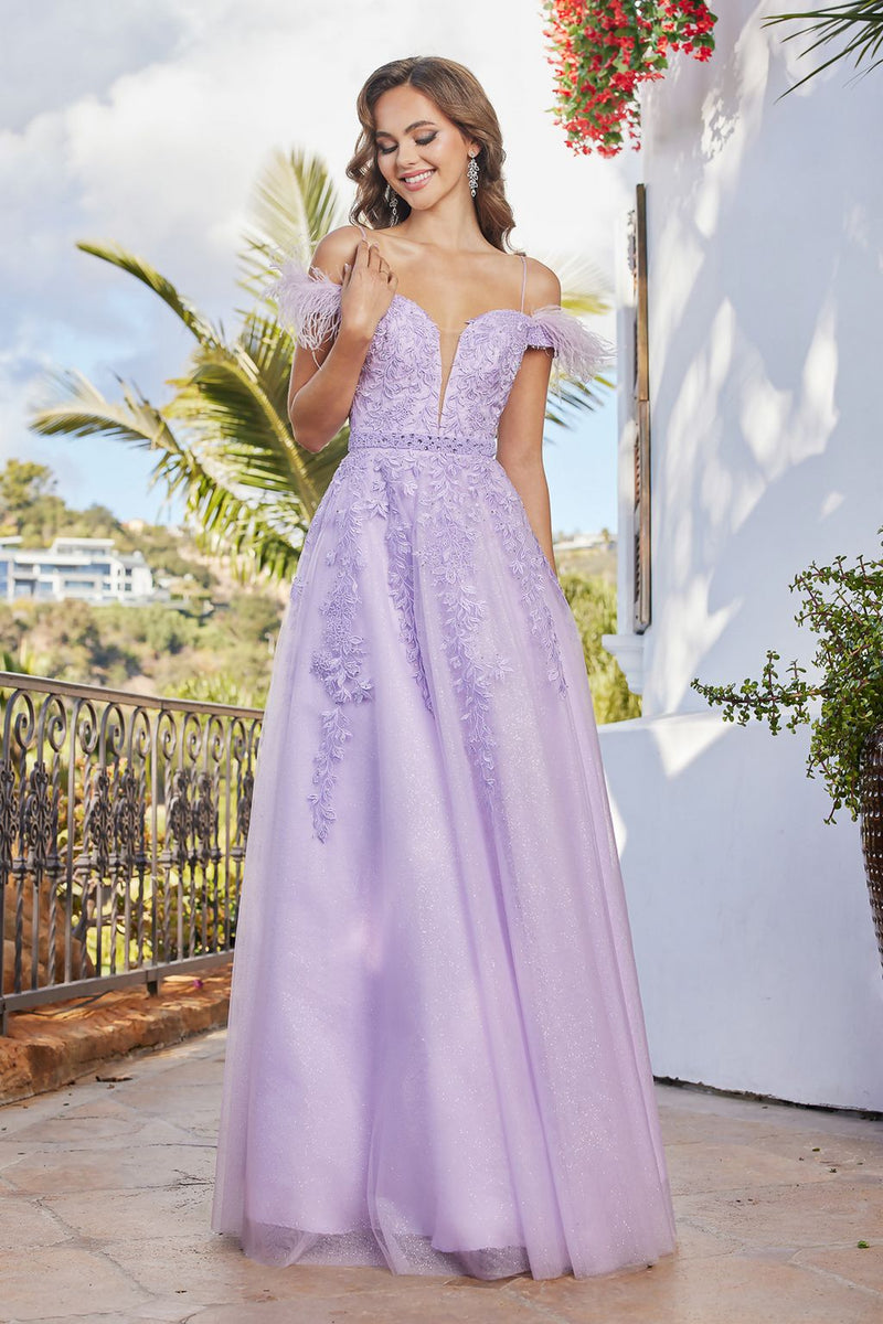 lilac gowns & formal dresses Adora 3143 Long Glitter Applique A Line Prom Dress crafting a look of What Color Shoes to newd Size:M (PREORDER)