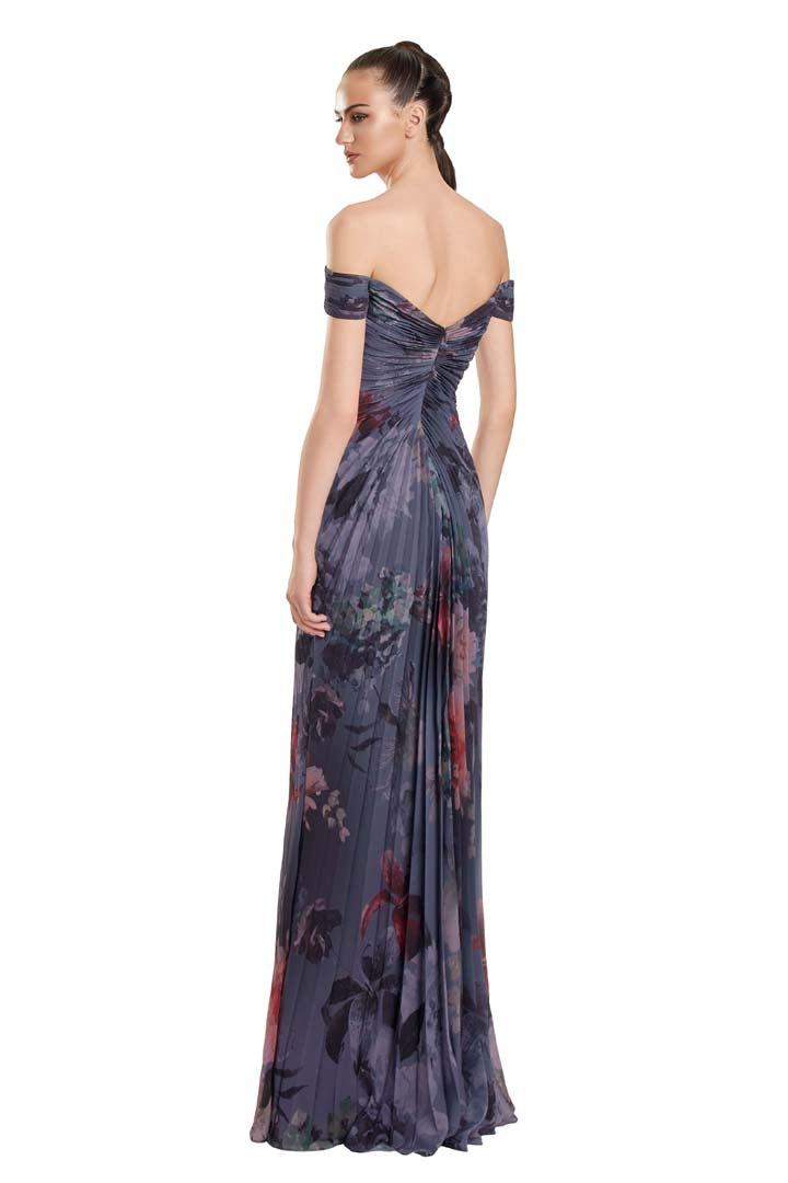 Formal Dresses A Line Formal Long Slit Pleated Floral Dress Grey/Multi