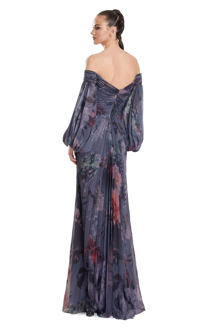 Formal Dresses A Line Formal Long Slit Pleated Floral Dress Grey/Multi