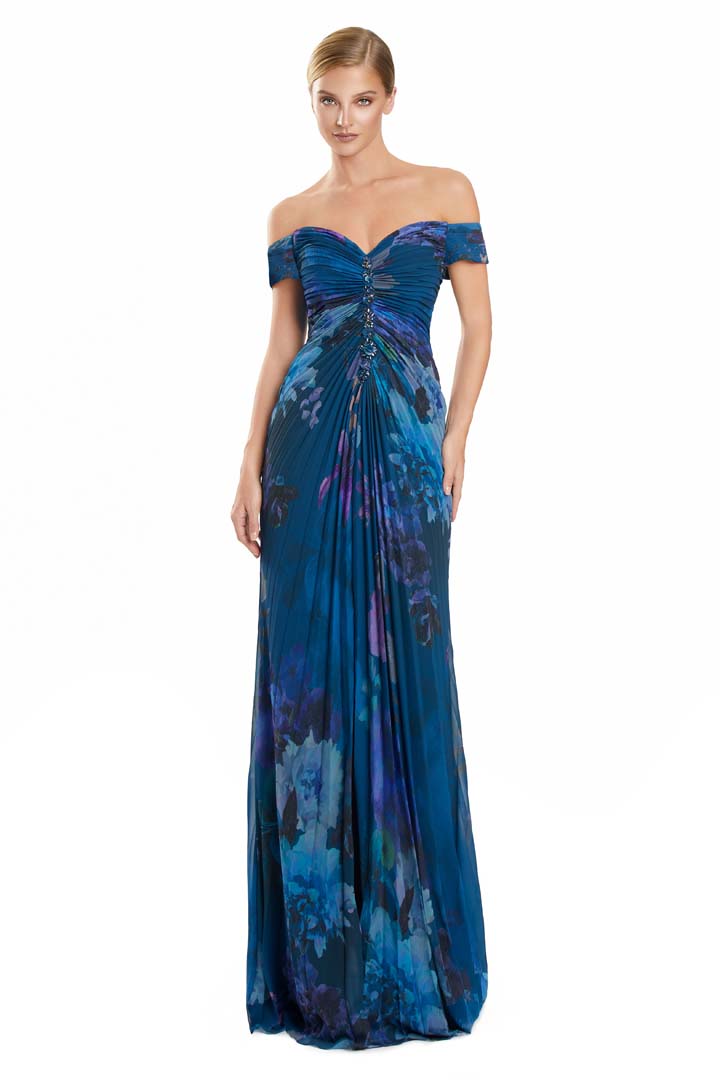 Formal Dresses A Line Formal Long Slit Pleated Floral Dress Teal/Multi
