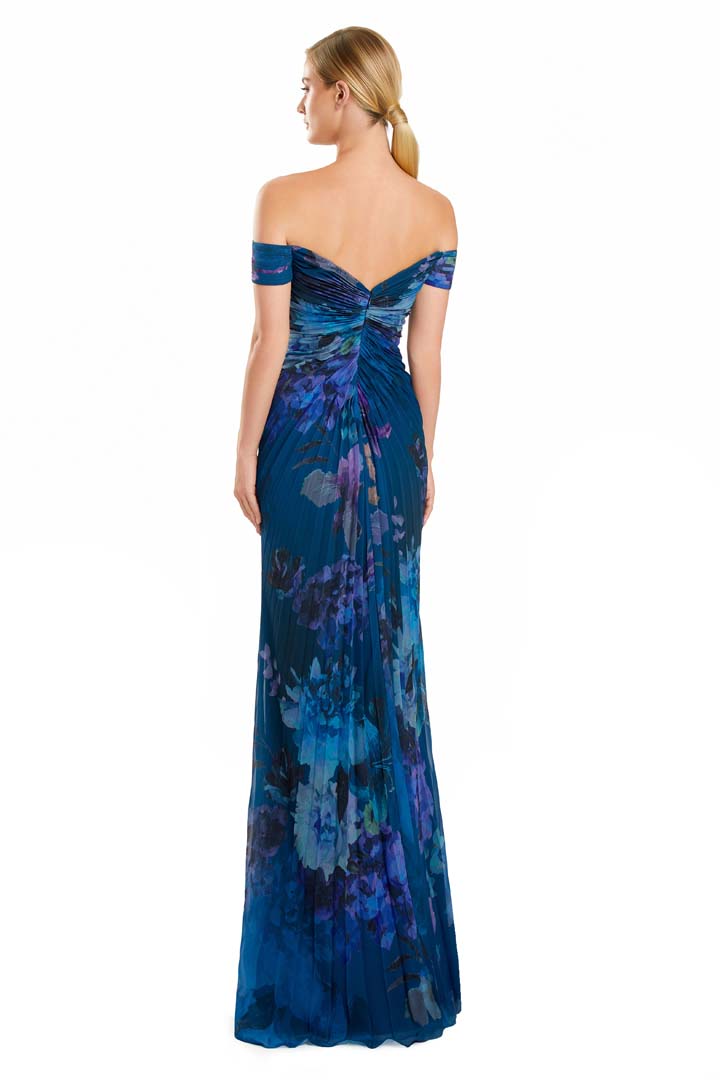 Formal Dresses A Line Formal Long Slit Pleated Floral Dress Teal/Multi