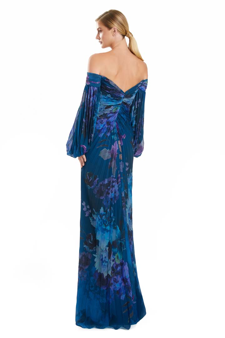 Formal Dresses A Line Formal Long Slit Pleated Floral Dress Teal/Multi