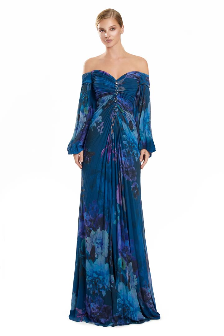 Formal Dresses A Line Formal Long Slit Pleated Floral Dress Teal/Multi