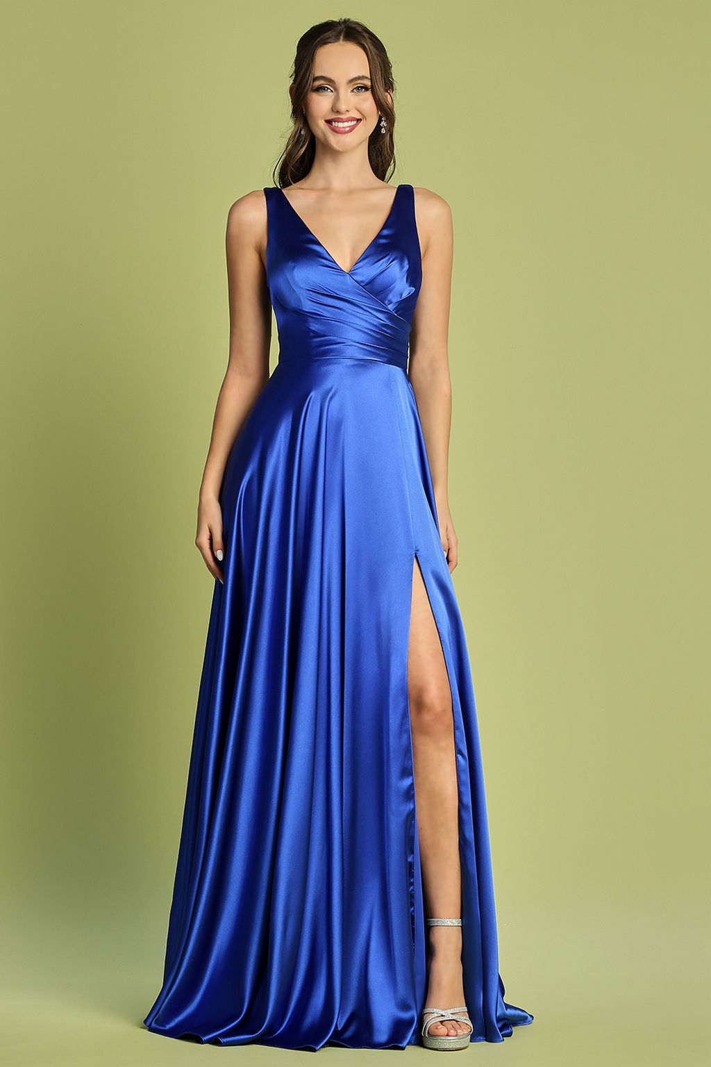 Adora 3147 Pleated Long Formal Slit A Line Prom Dress  The Dress Outlet