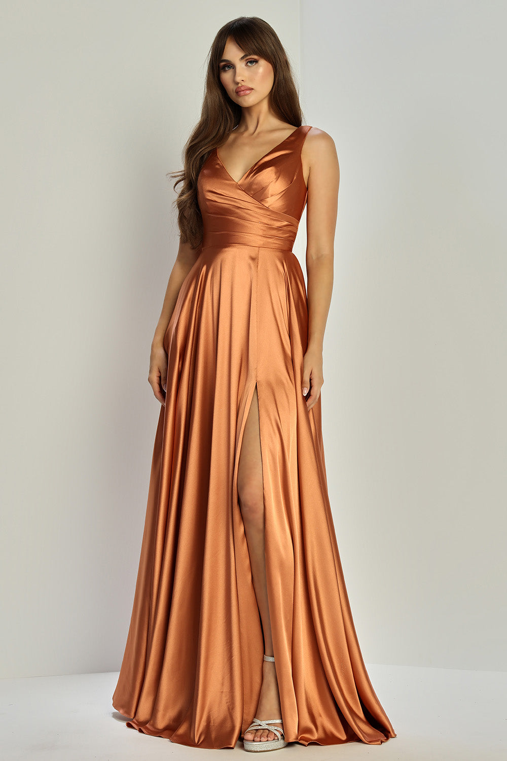 Adora 3147 Pleated Long Formal Slit A Line Prom Dress - Sienna / XL Adora 3147 Pleated Long Formal Slit A Line Prom Dress - Sienna / XL