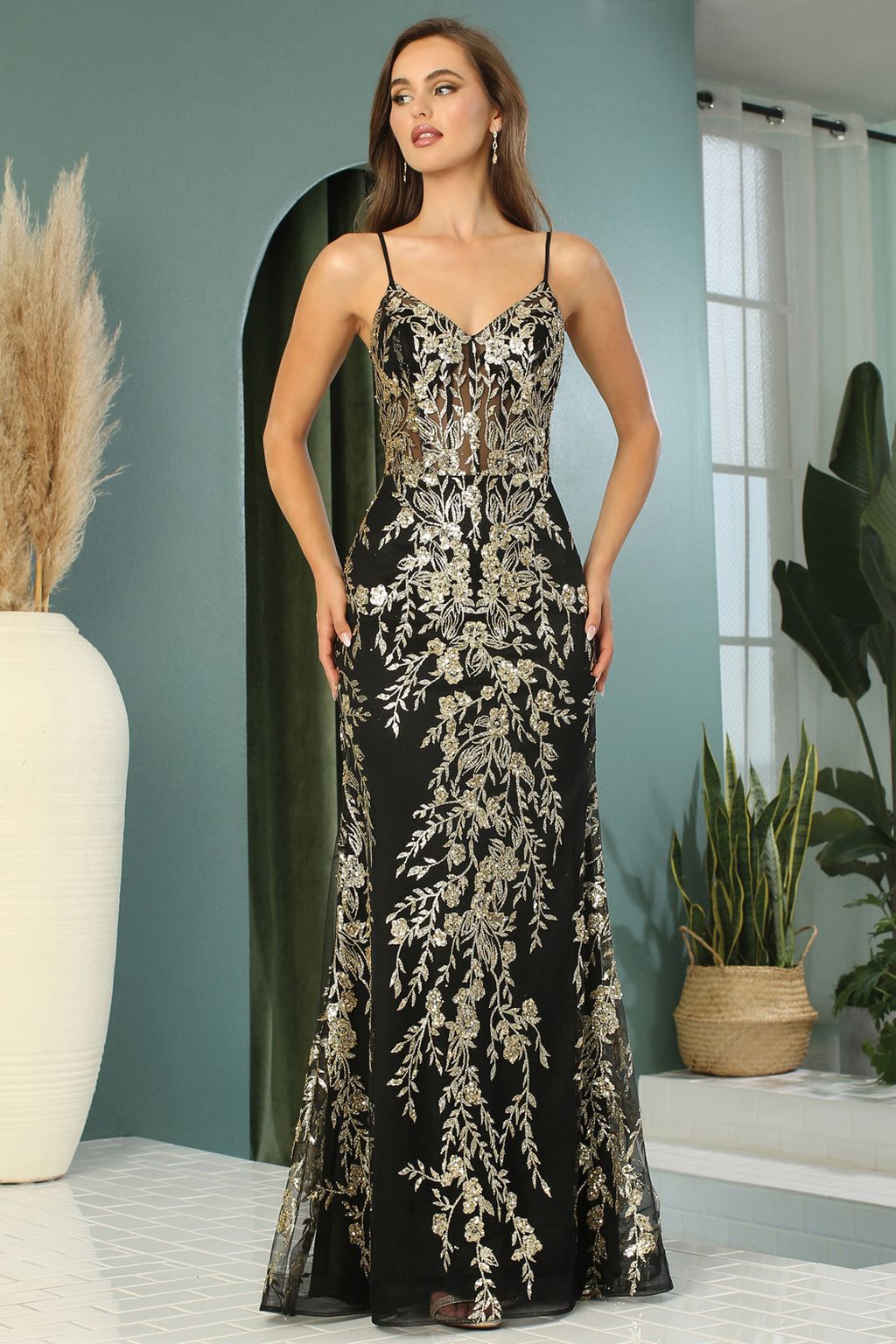 Prom Dresses Long Fitted Glitter Applique Corset Prom Dress Black/Gold