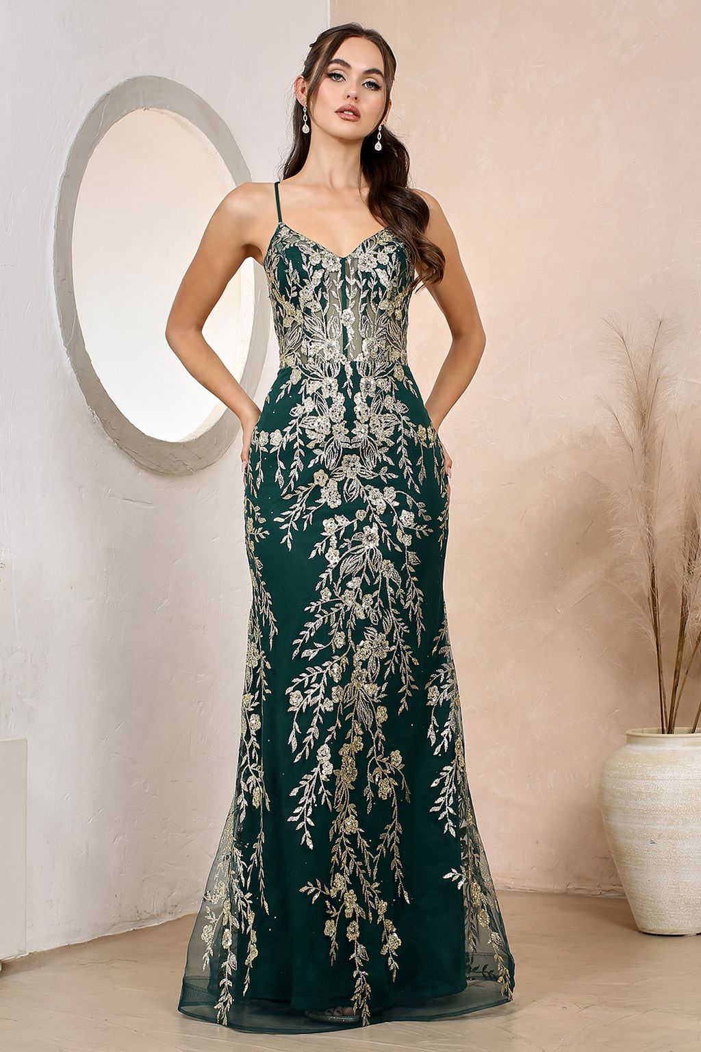 Adora Design 3158 Long Fitted Glitter Applique Corset Prom Dress