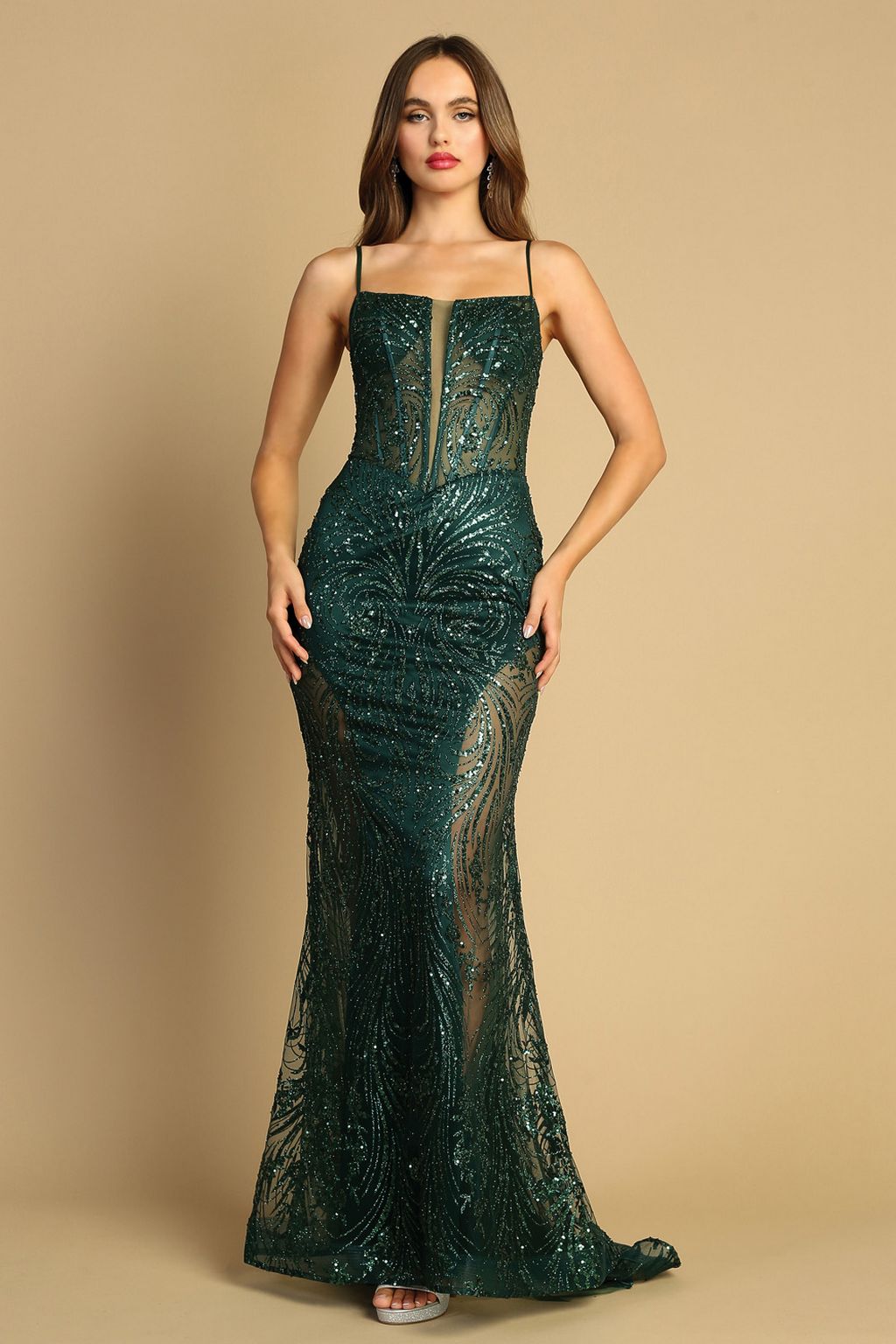 Adora 3160 Prom Fitted Slit Long Glitter Print Formal Dress