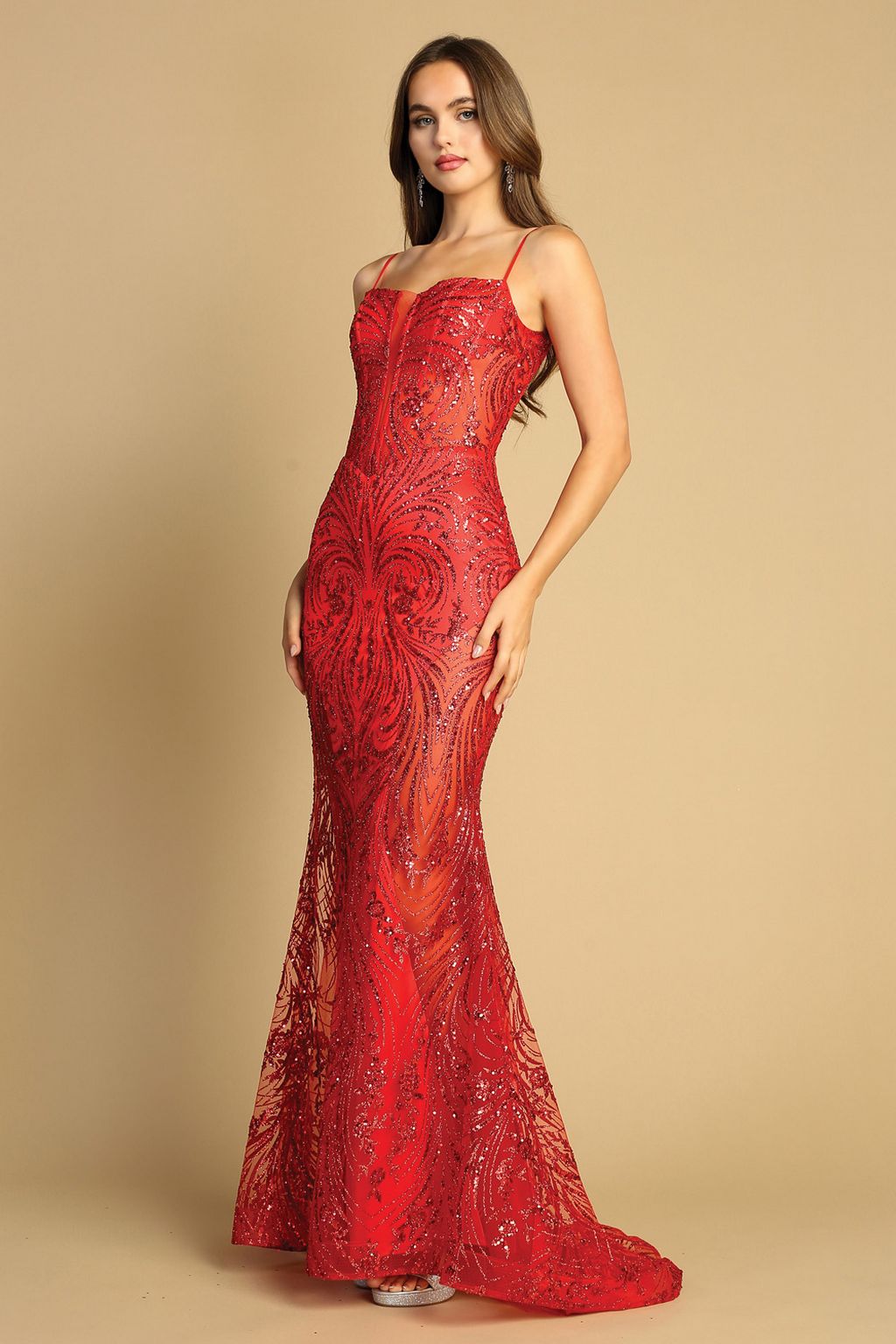 Adora 3160 Prom Fitted Slit Long Glitter Print Formal Dress