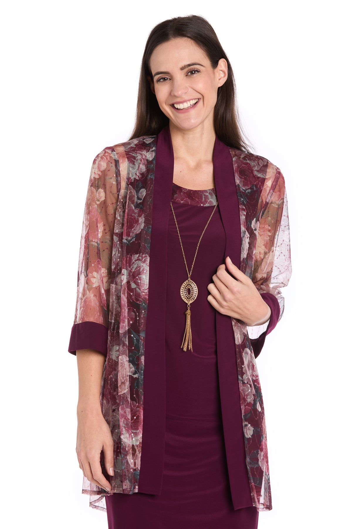 Square Neck Knee-Length Chiffon Cocktail Dress with Jacket by R&M Richards 3162P in Wine