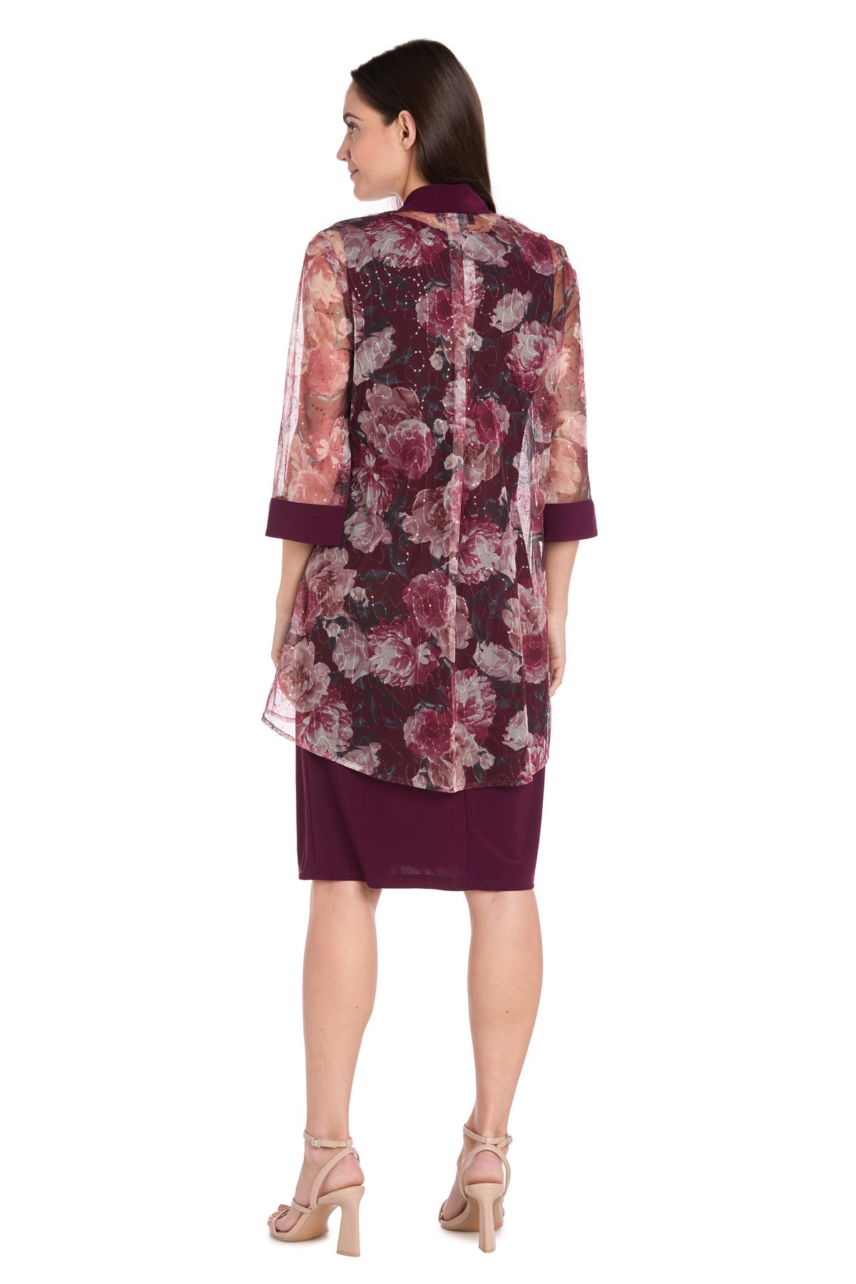 Square Neck Knee-Length Chiffon Cocktail Dress with Jacket by R&M Richards 3162P in Wine