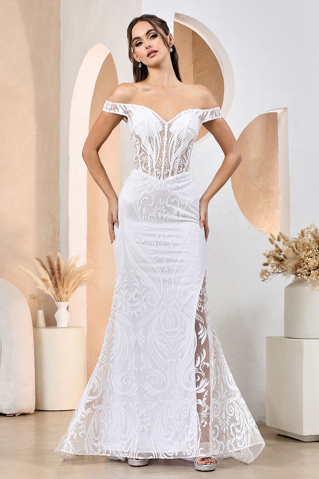 Wedding Dresses Long Mermaid Glitter Print Wedding Dress White