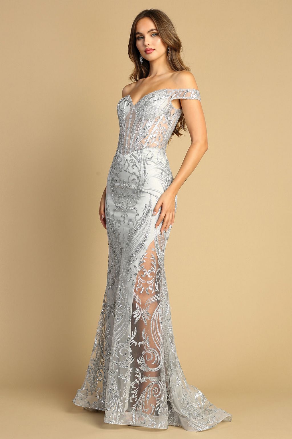 Red Adora 3168 Long Formal Glitter Print Mermaid Prom Dress