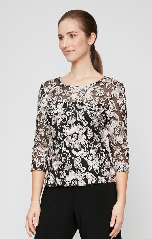 Black Taupe Bateau Neck Hip Length Mesh Formal Top Alex Evenings 217120