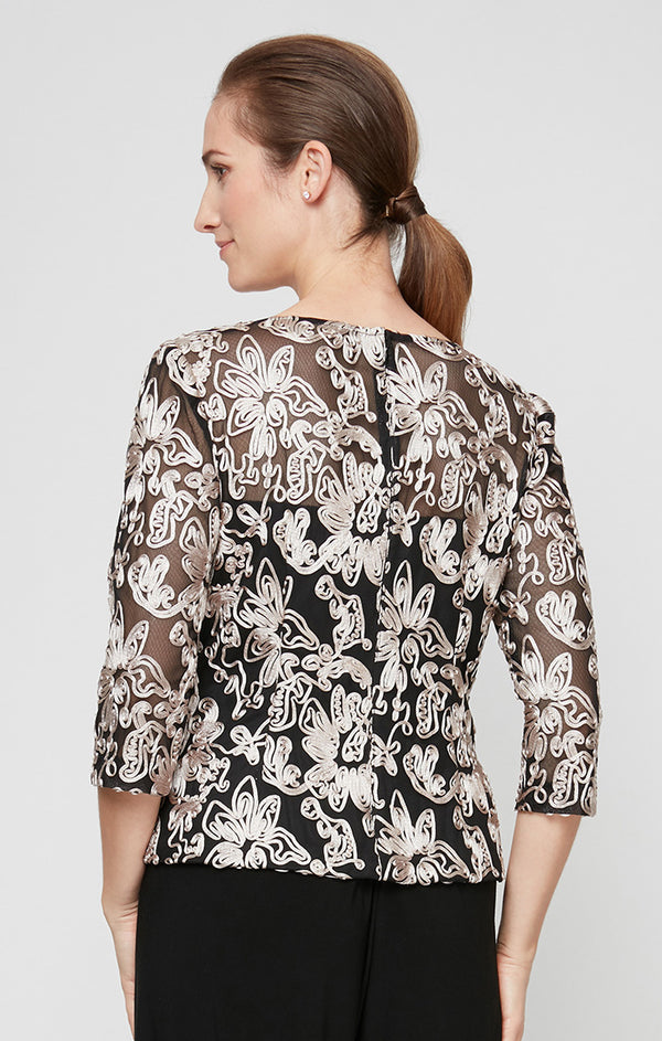 Black Taupe Illusion Neck Stretch Tulle Formal Top with 3/4 Sleeve Floral Embroidery Alex Evenings 317120