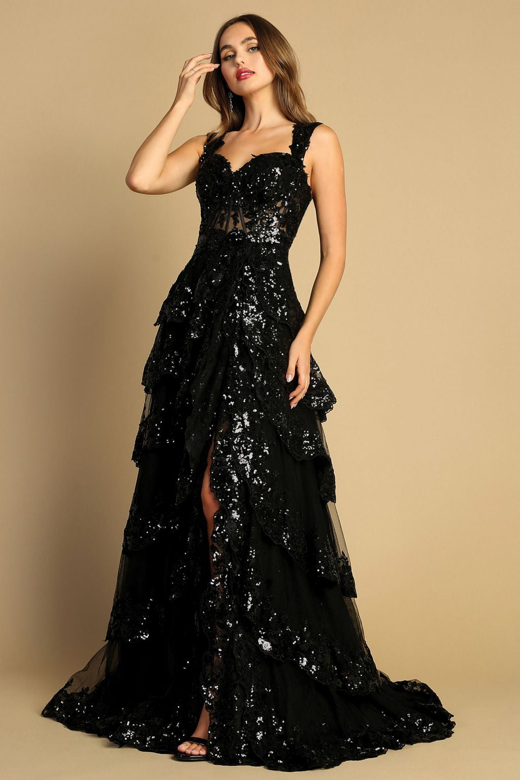Adora Design 3174 Tiered A-Line Sequin Applique Formal Prom Gown | Formal Dress Shops Champagne / S